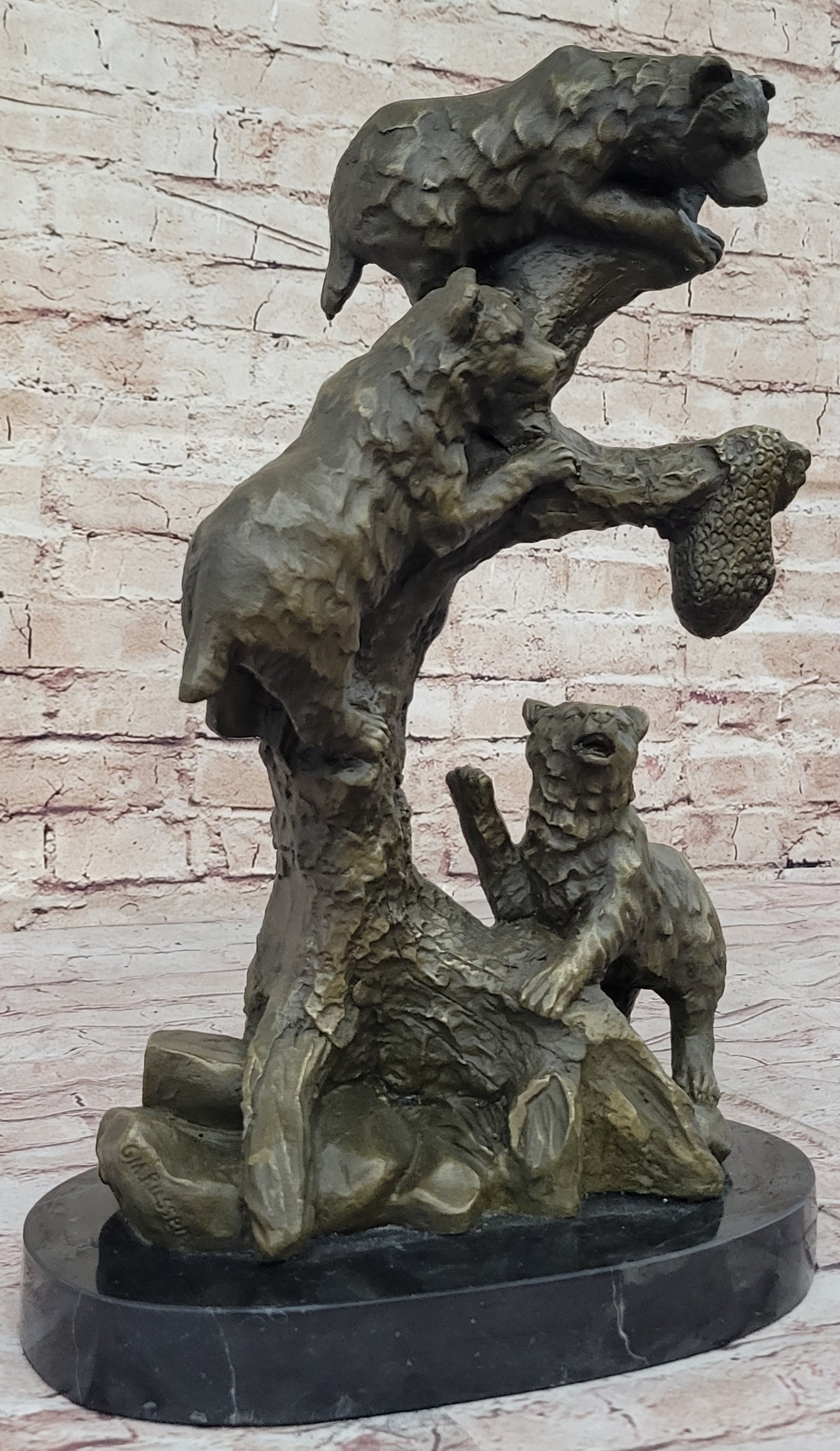 Bear Family Looking for Honey Bronze Statue Sculpture Art Decor Marble Base