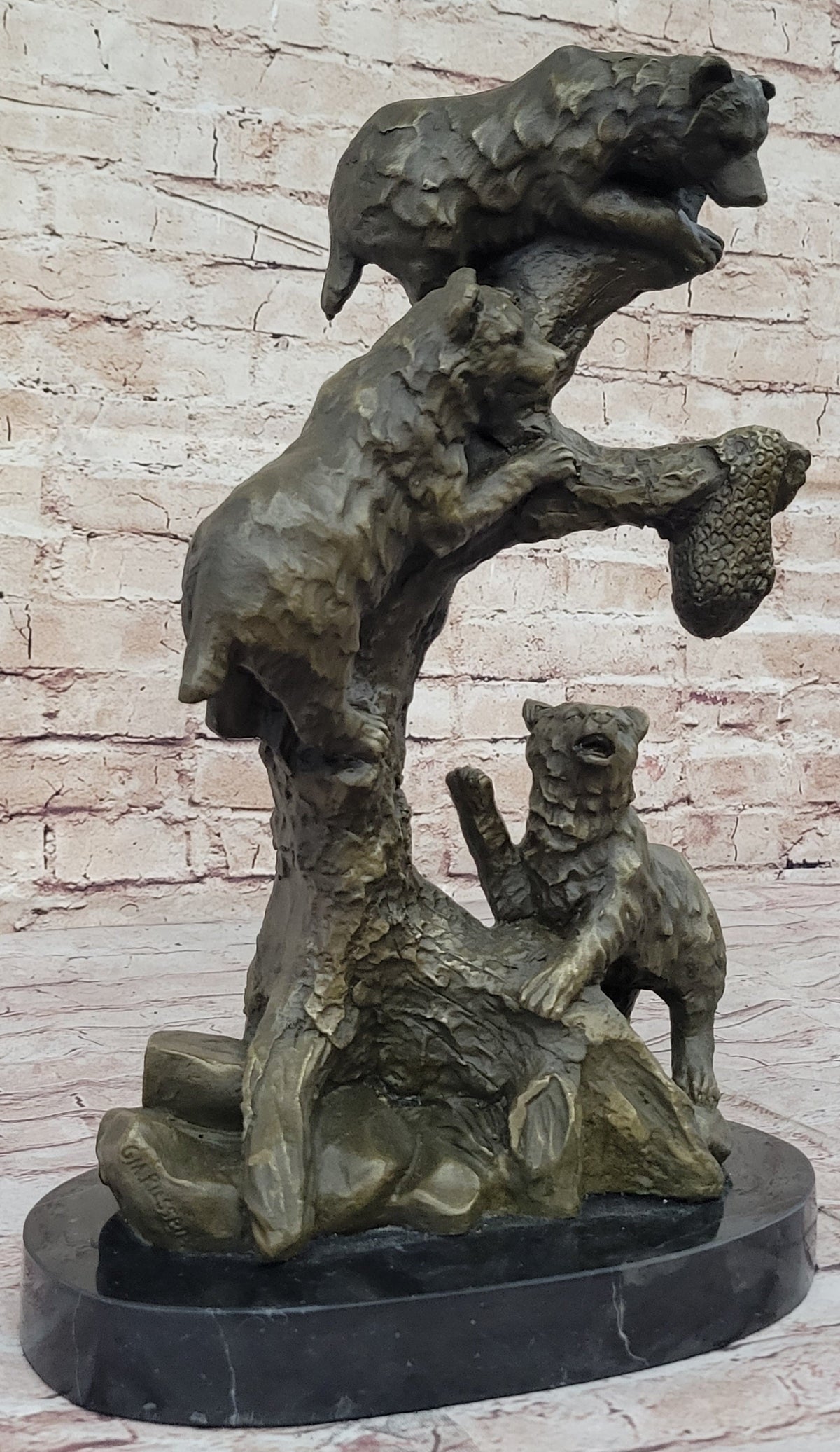 Bear Family Looking for Honey Bronze Statue Sculpture Art Decor Marble Base