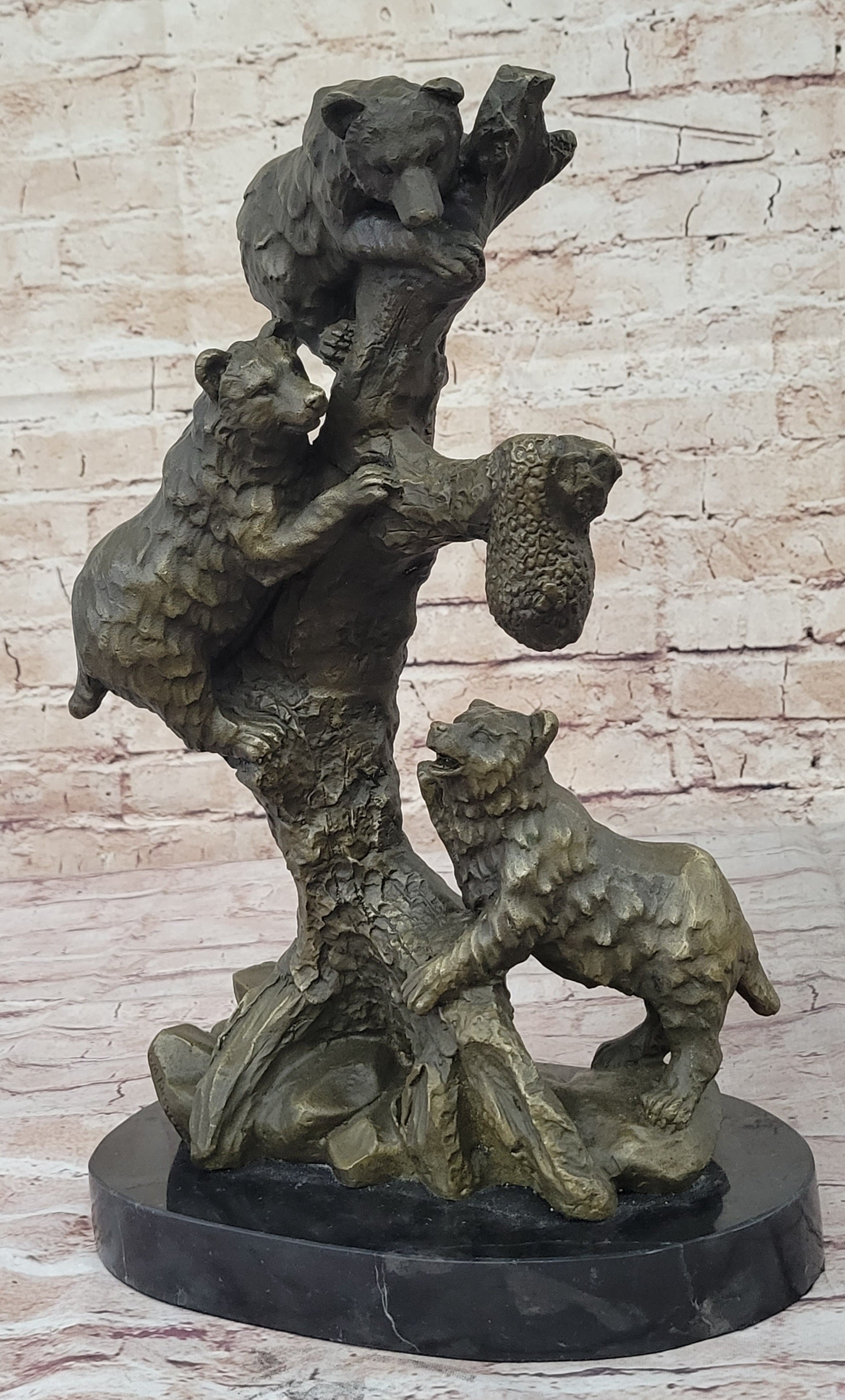 Bear Family Looking for Honey Bronze Statue Sculpture Art Decor Marble Base