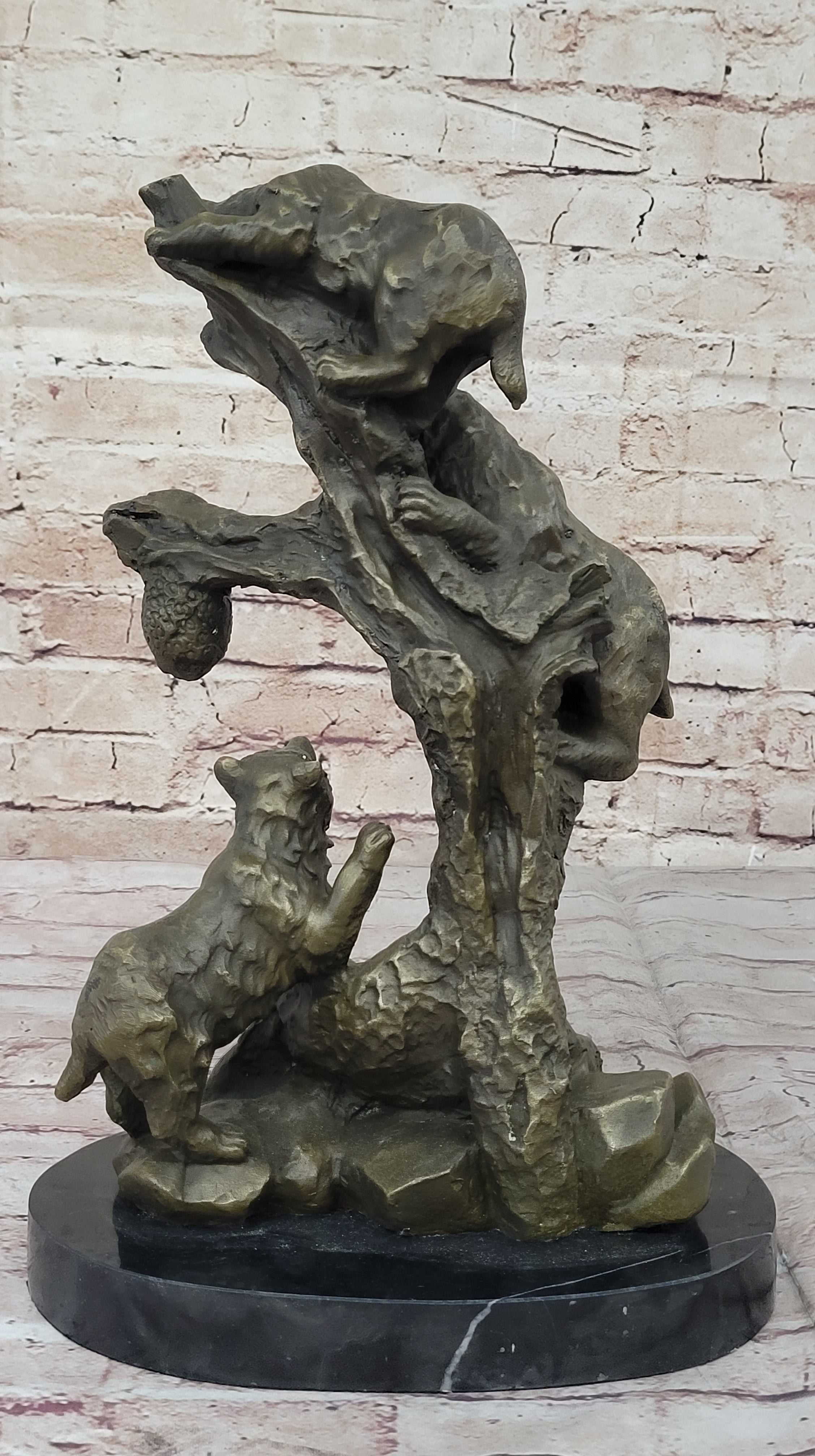 Bear Family Looking for Honey Bronze Statue Sculpture Art Decor Marble Base