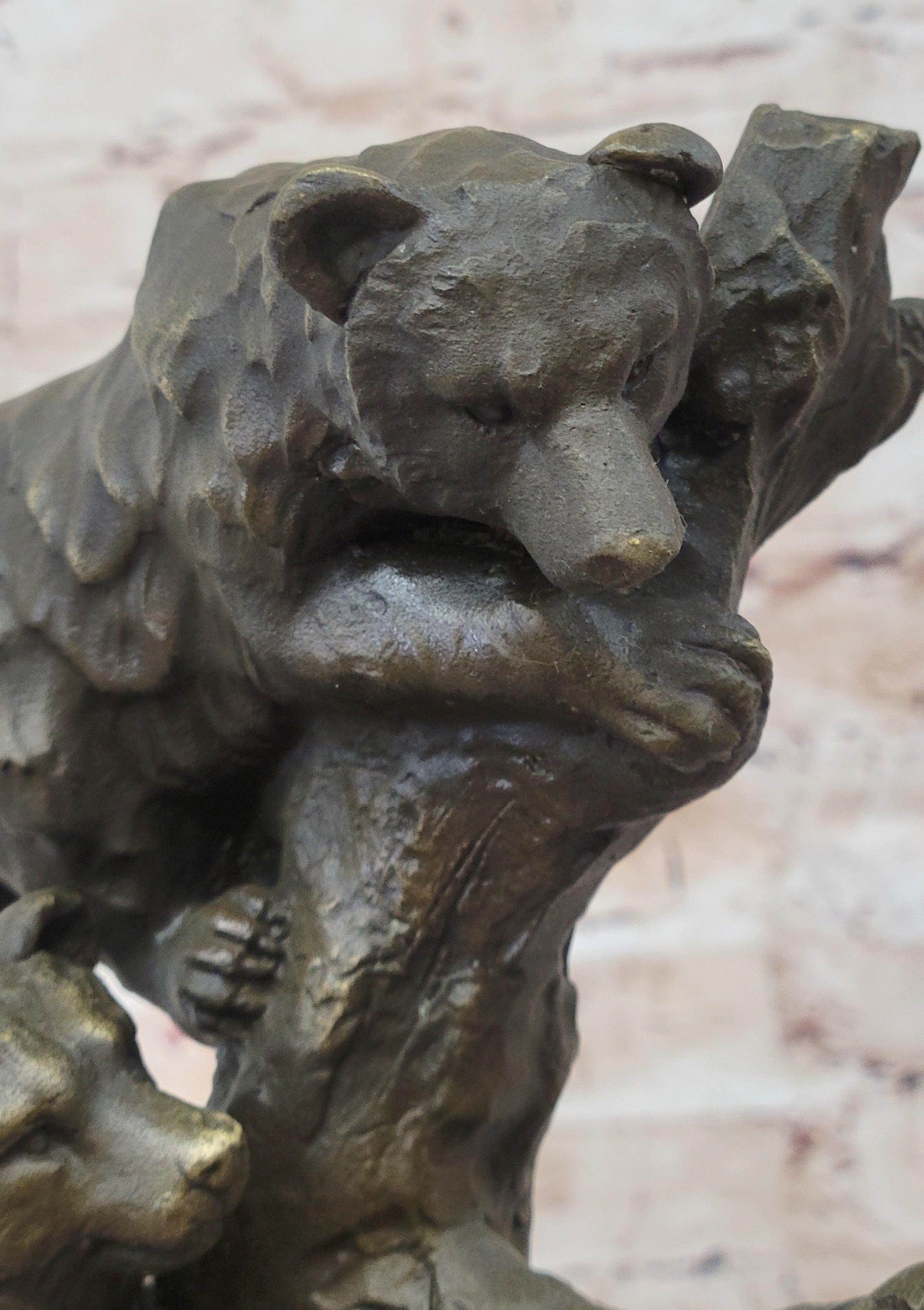 Bear Family Looking for Honey Bronze Statue Sculpture Art Decor Marble Base