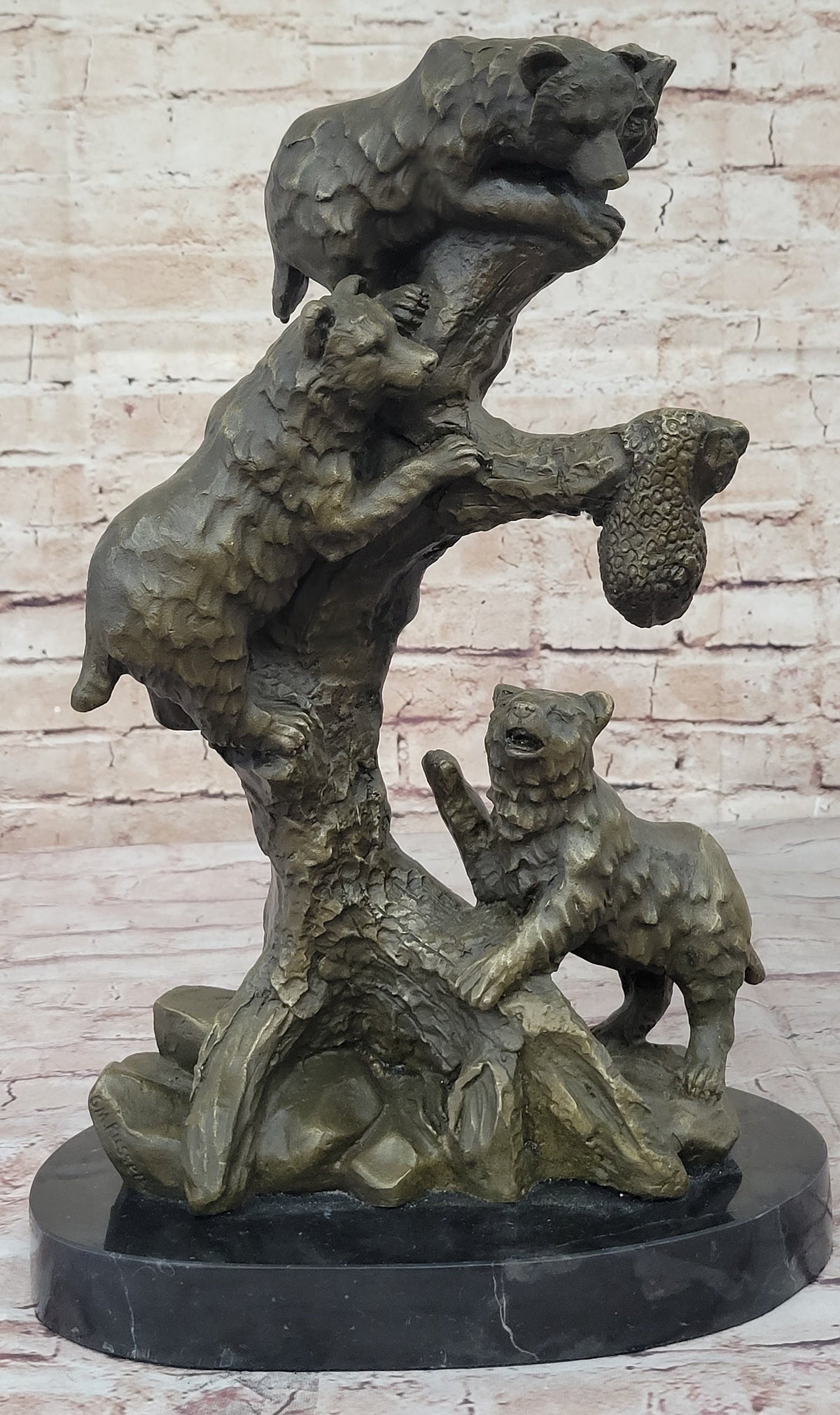Bear Family Looking for Honey Bronze Statue Sculpture Art Decor Marble Base