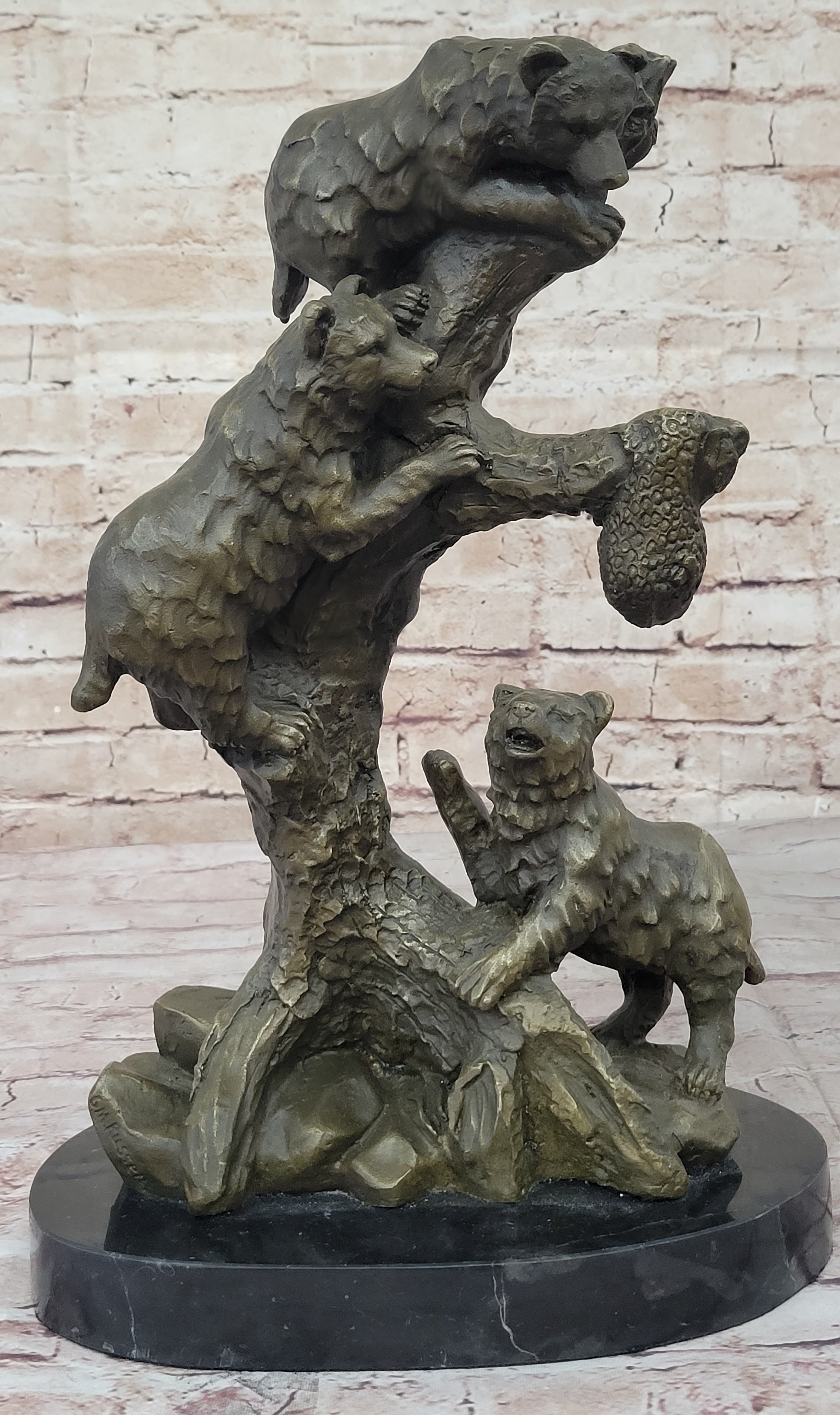 Bear Family Looking for Honey Bronze Statue Sculpture Art Decor Marble Base