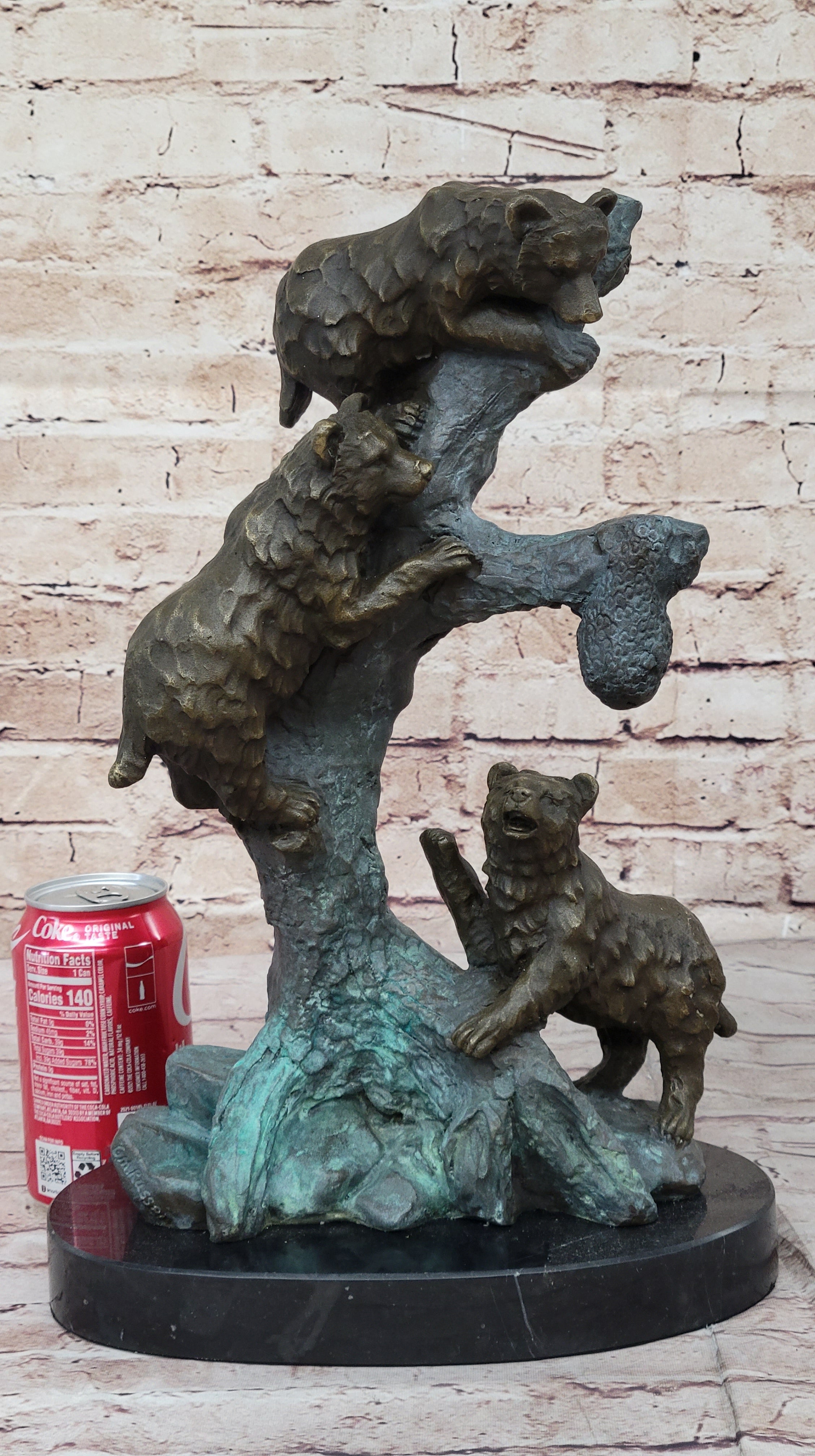 Bear Family Looking for Honey in a Tree - Bronze Sculpture Decor on Marble Base