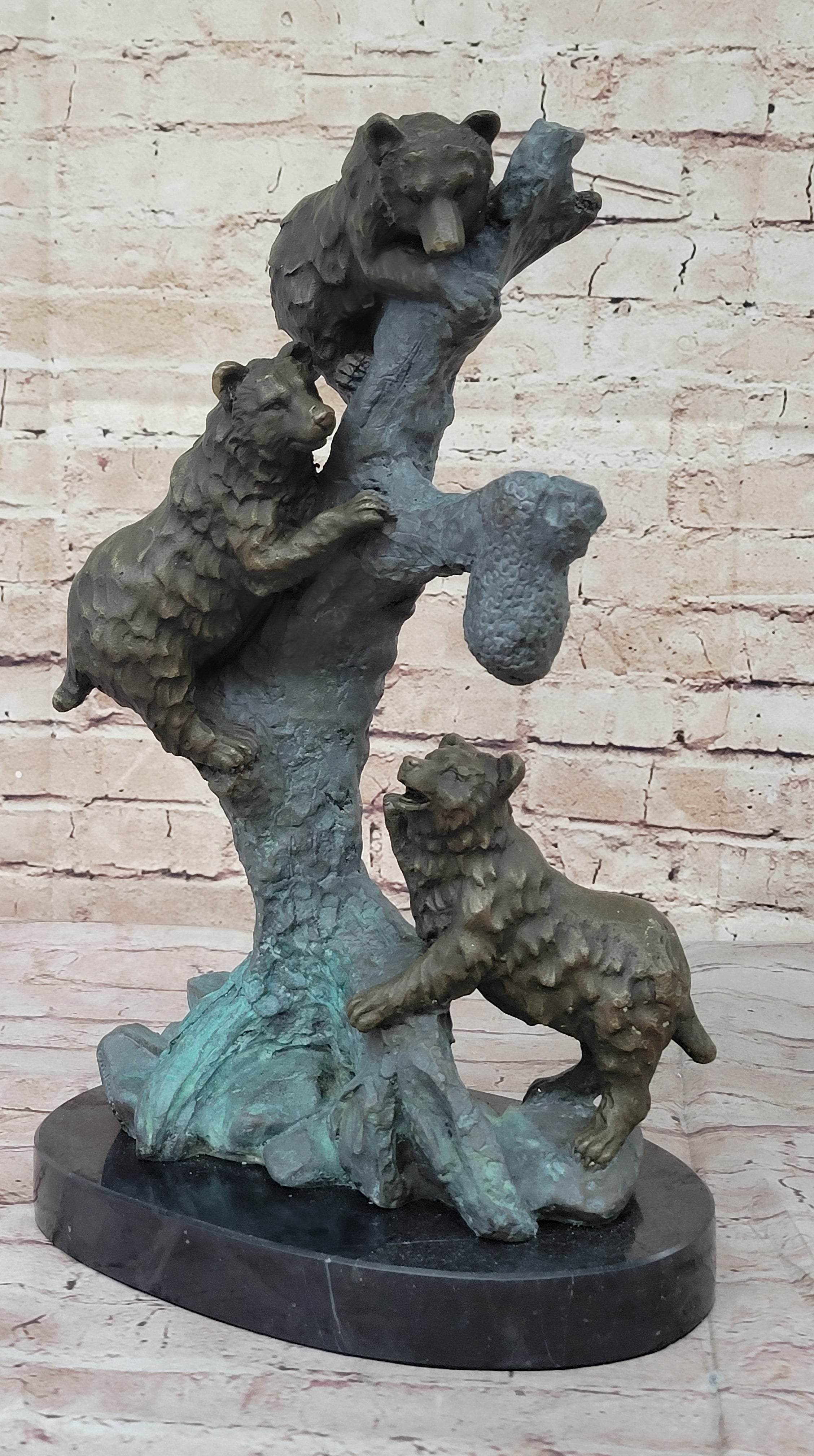Bear Family Looking for Honey in a Tree - Bronze Sculpture Decor on Marble Base