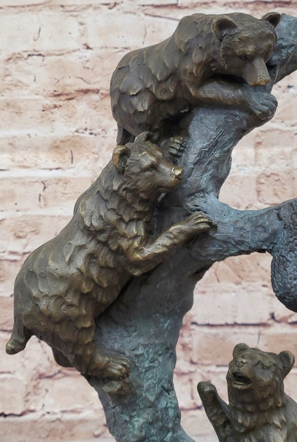 Bear Family Looking for Honey in a Tree - Bronze Sculpture Decor on Marble Base