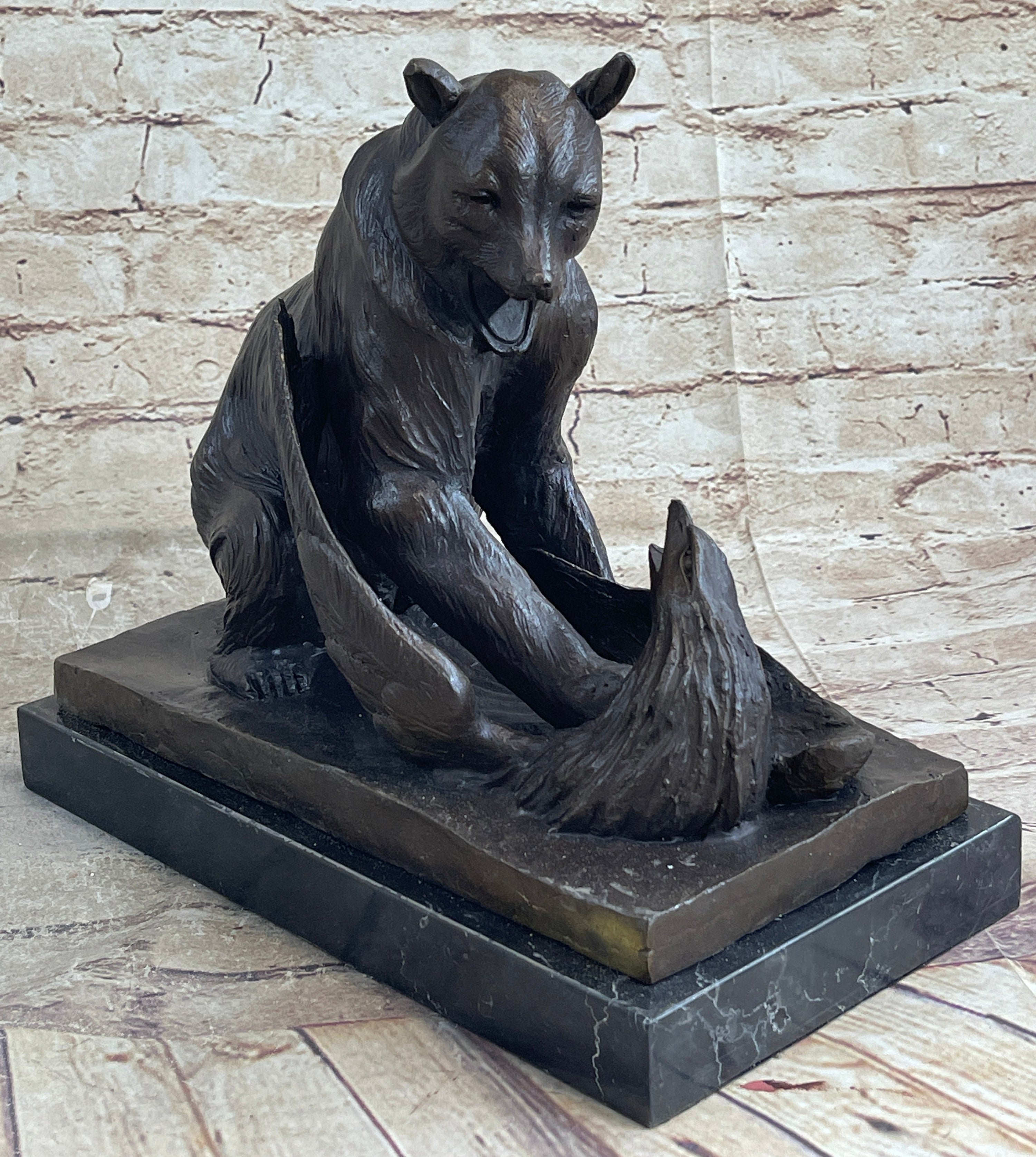 Signed Barye Bear Attacking Eagle Bronze Sculpture Marble Base Figurine Statue