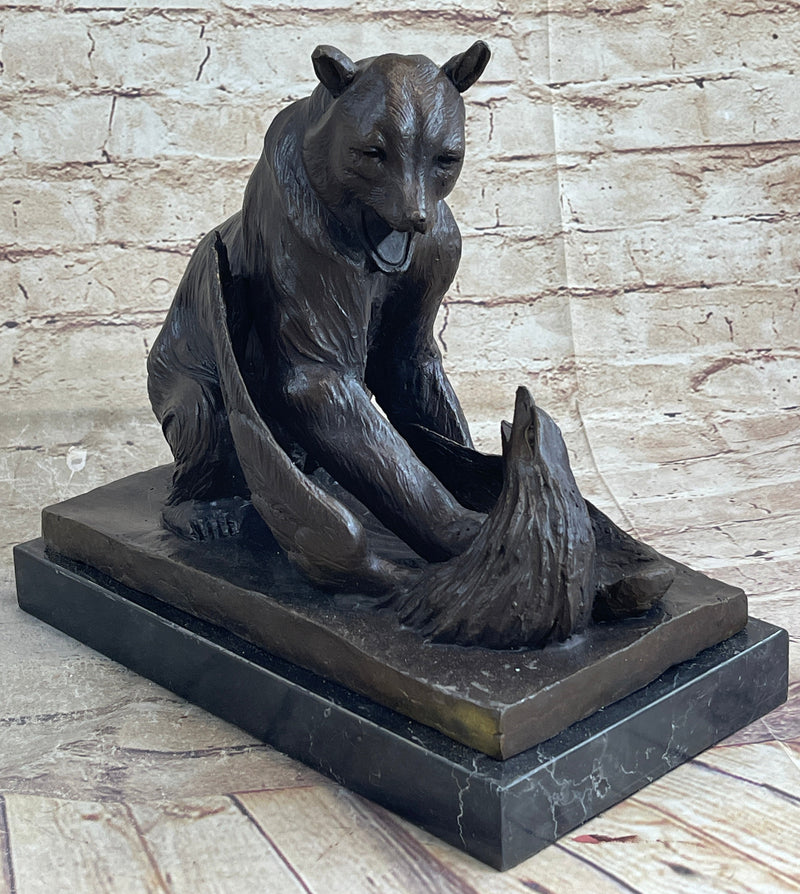 Signed Barye Bear Attacking Eagle Bronze Sculpture Marble Base Figurine Statue