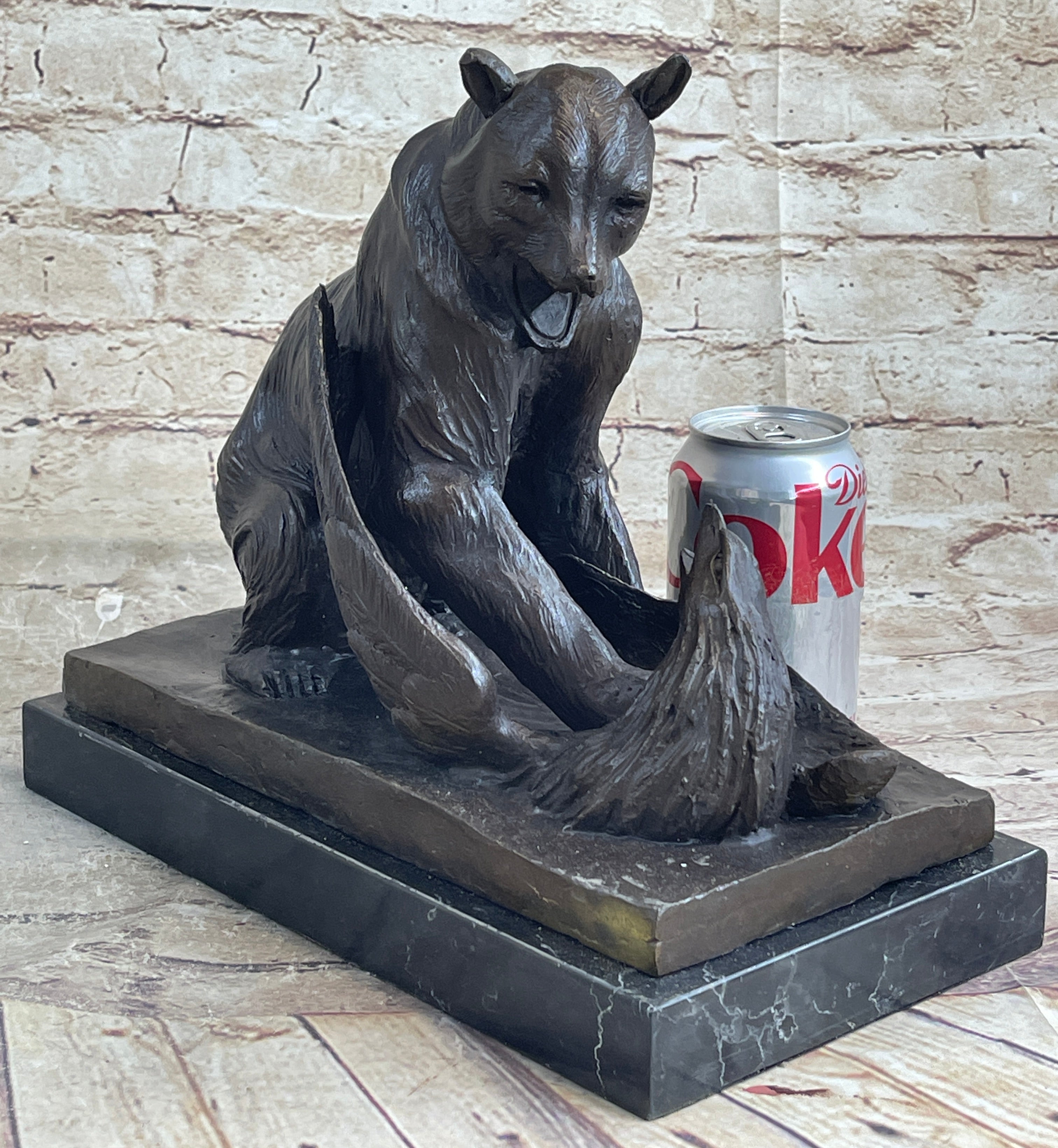 Signed Barye Bear Attacking Eagle Bronze Sculpture Marble Base Figurine Statue