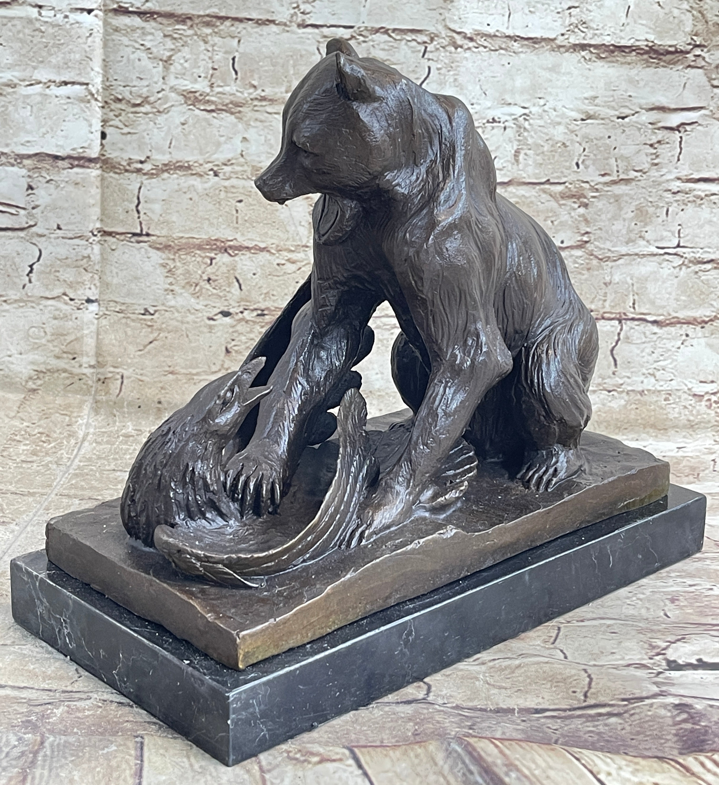 Signed Barye Bear Attacking Eagle Bronze Sculpture Marble Base Figurine Statue