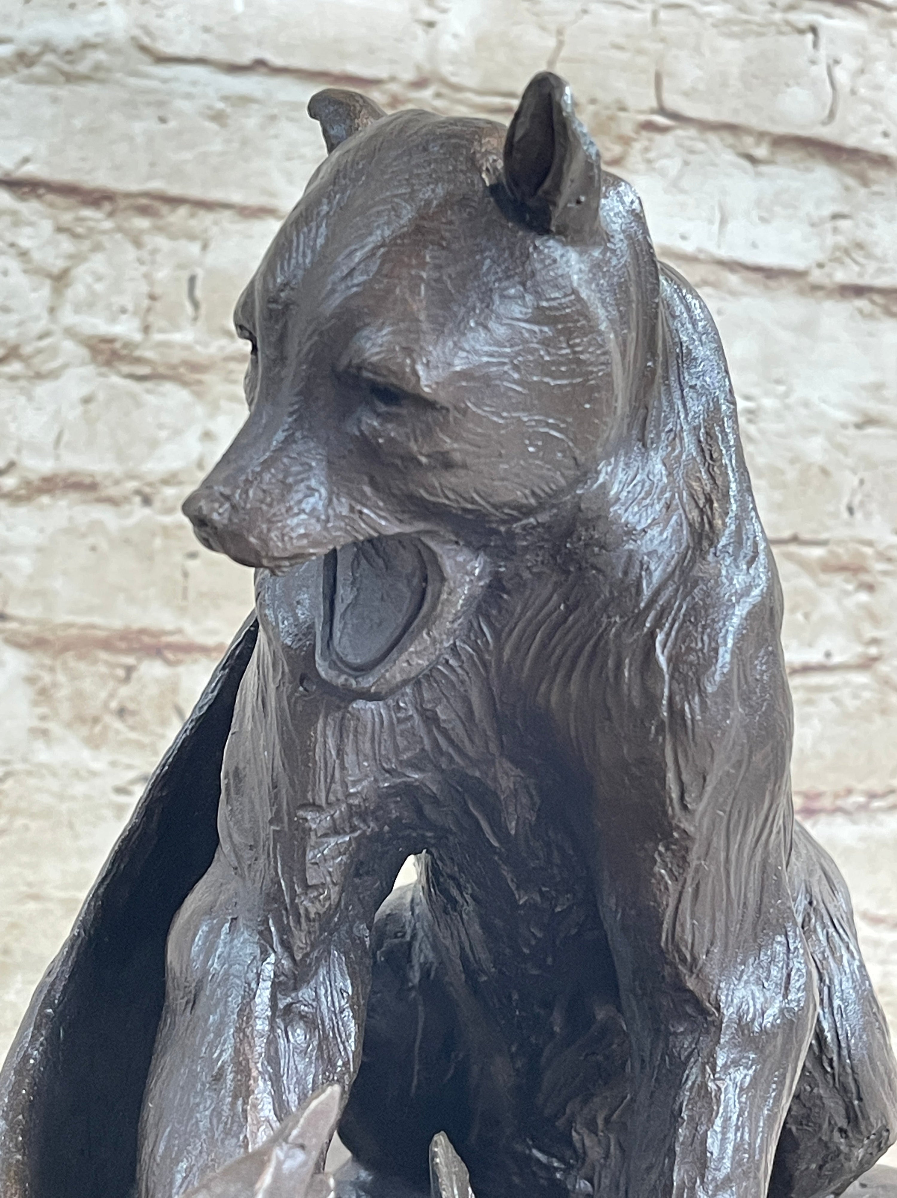 Signed Barye Bear Attacking Eagle Bronze Sculpture Marble Base Figurine Statue