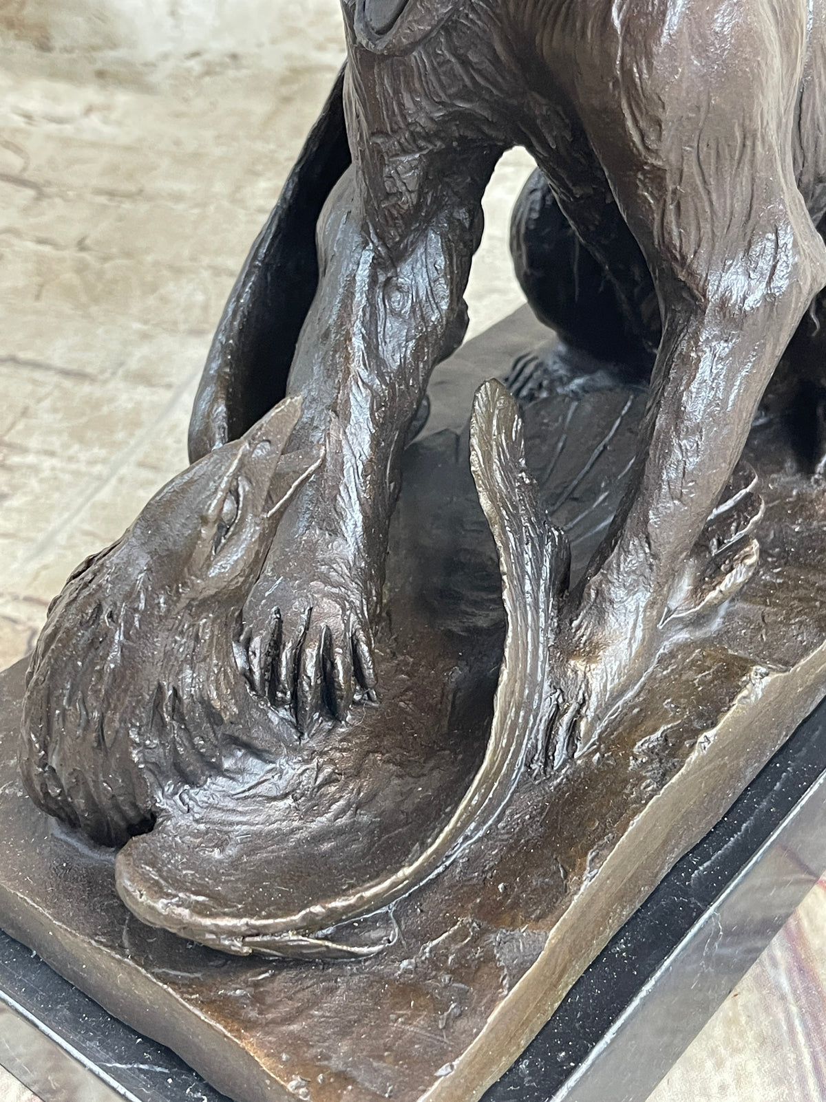 Signed Barye Bear Attacking Eagle Bronze Sculpture Marble Base Figurine Statue