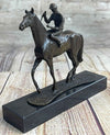 Miniature Jockey on Horse Equestrian Bronze Statue Sculpture Figurine Decor Marble Base 6" x 6"