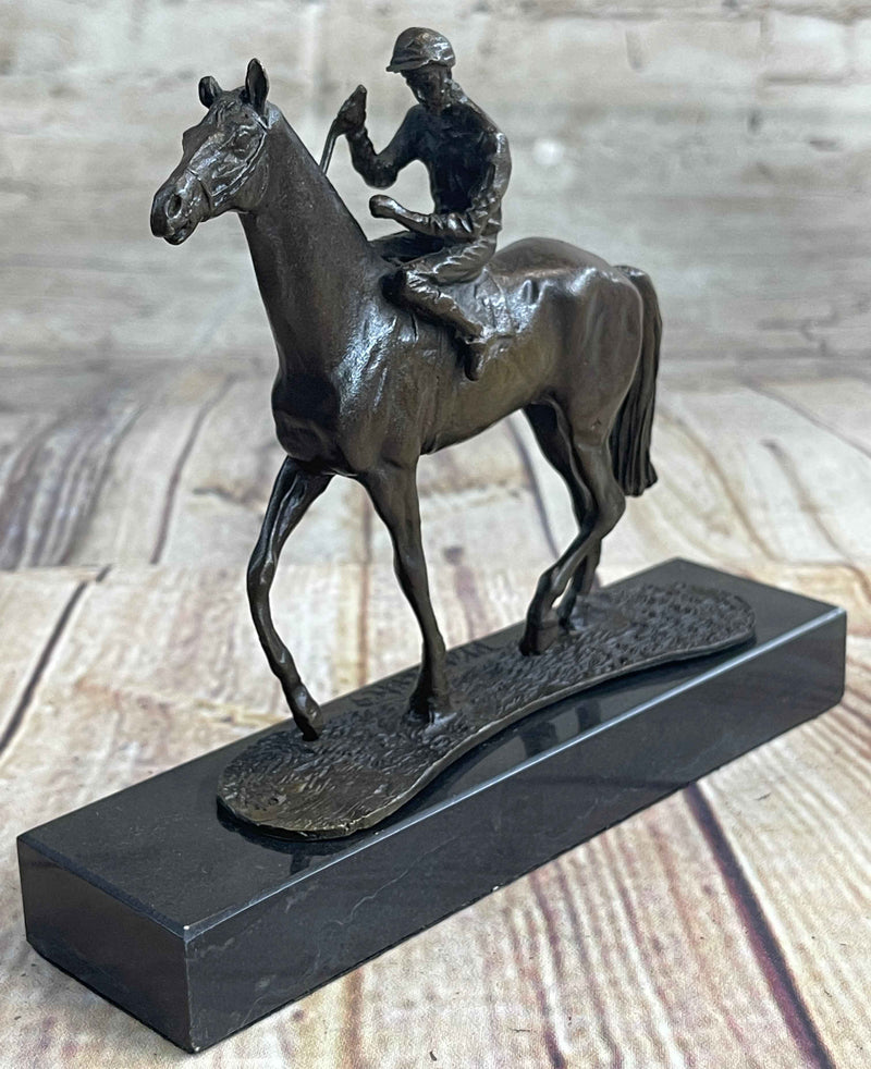 Miniature Jockey on Horse Equestrian Bronze Statue Sculpture Figurine Decor Marble Base 6" x 6"