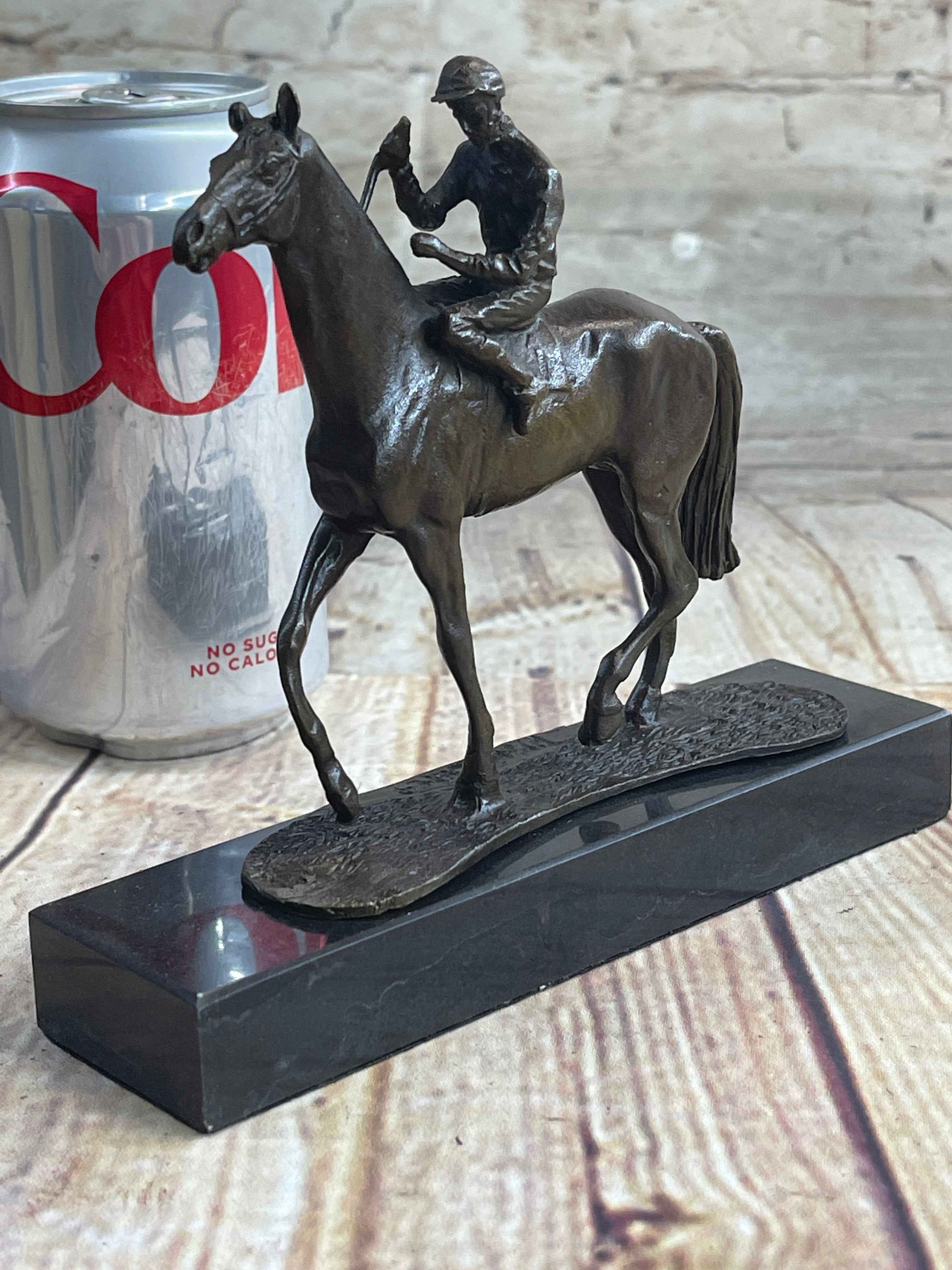 Miniature Jockey on Horse Equestrian Bronze Statue Sculpture Figurine Decor Marble Base 6" x 6"