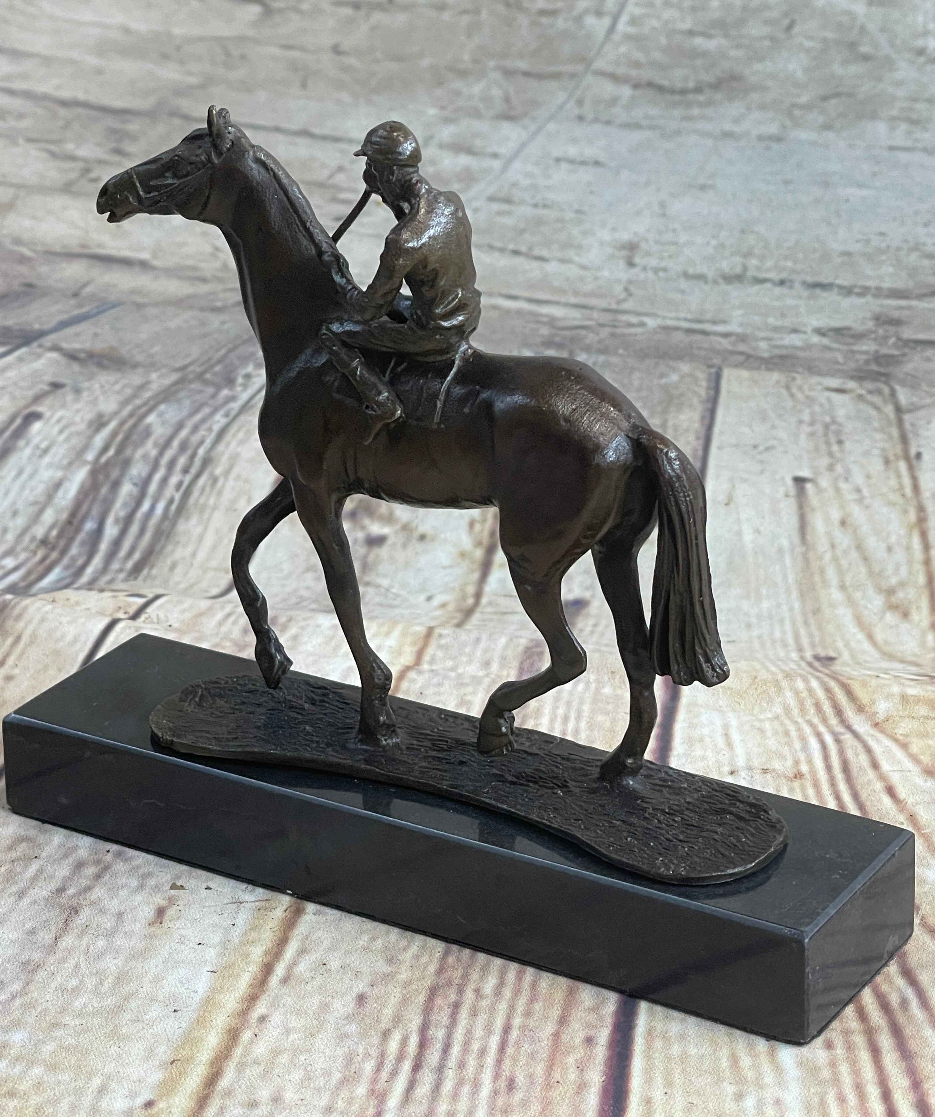 Miniature Jockey on Horse Equestrian Bronze Statue Sculpture Figurine Decor Marble Base 6" x 6"