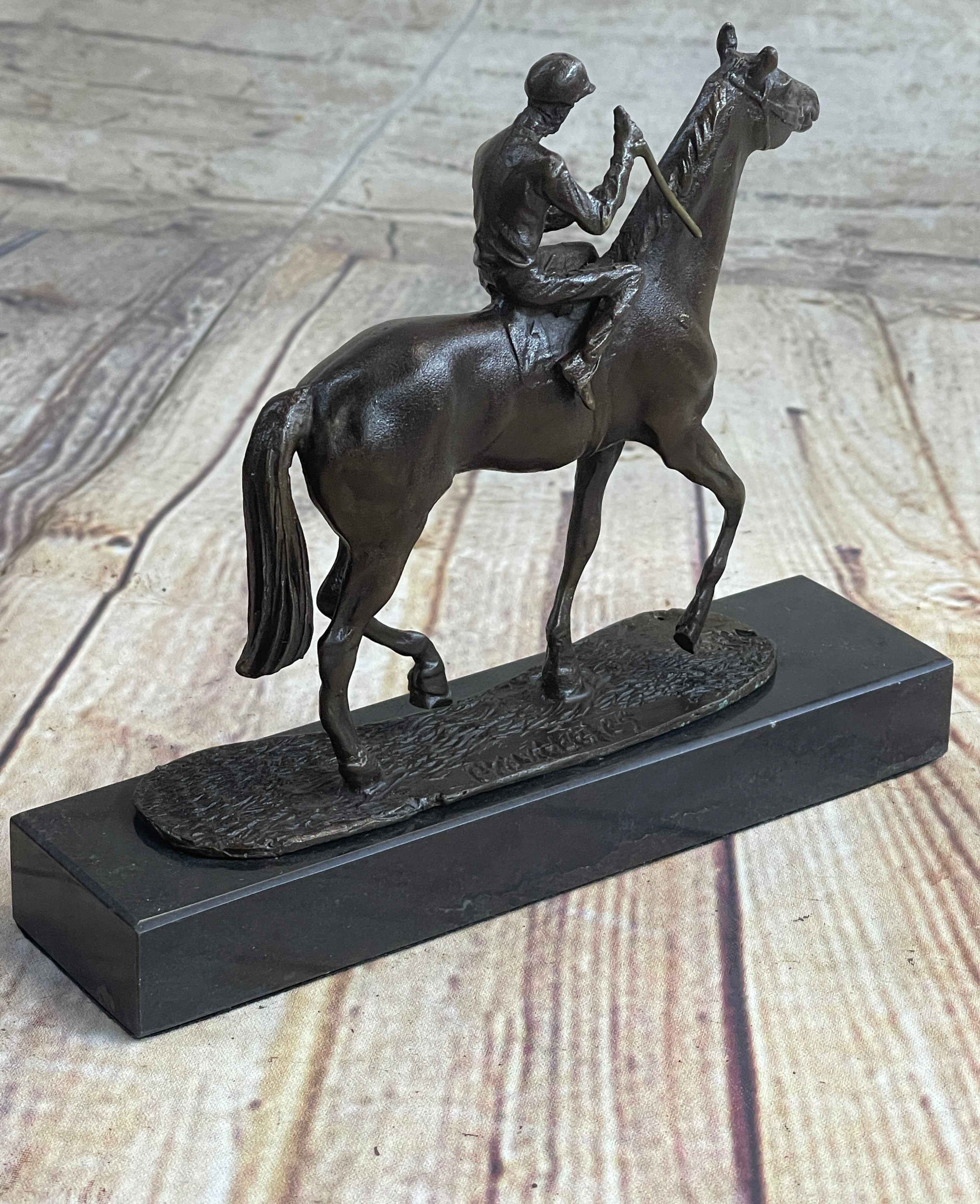 Miniature Jockey on Horse Equestrian Bronze Statue Sculpture Figurine Decor Marble Base 6" x 6"