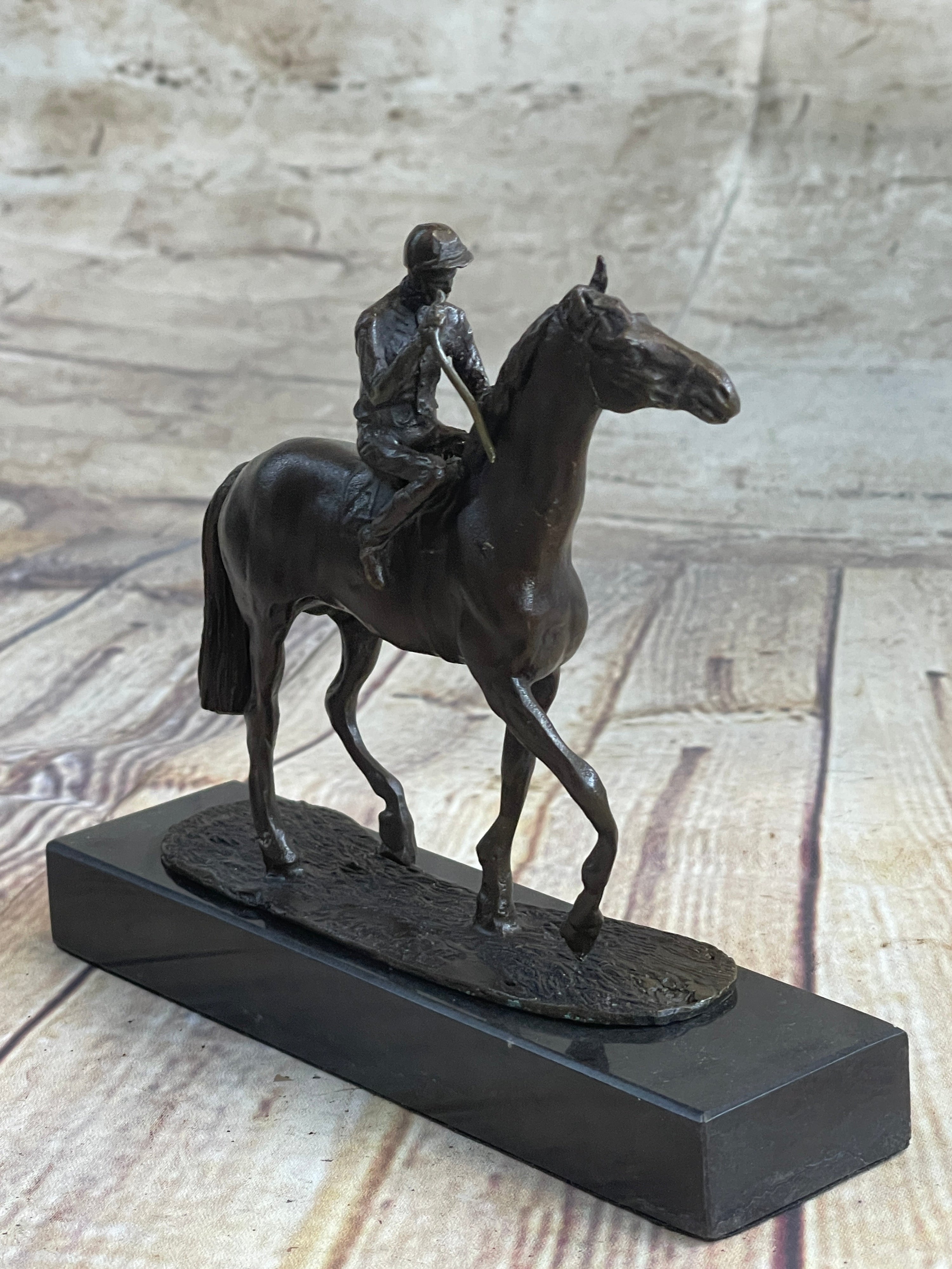 Miniature Jockey on Horse Equestrian Bronze Statue Sculpture Figurine Decor Marble Base 6" x 6"