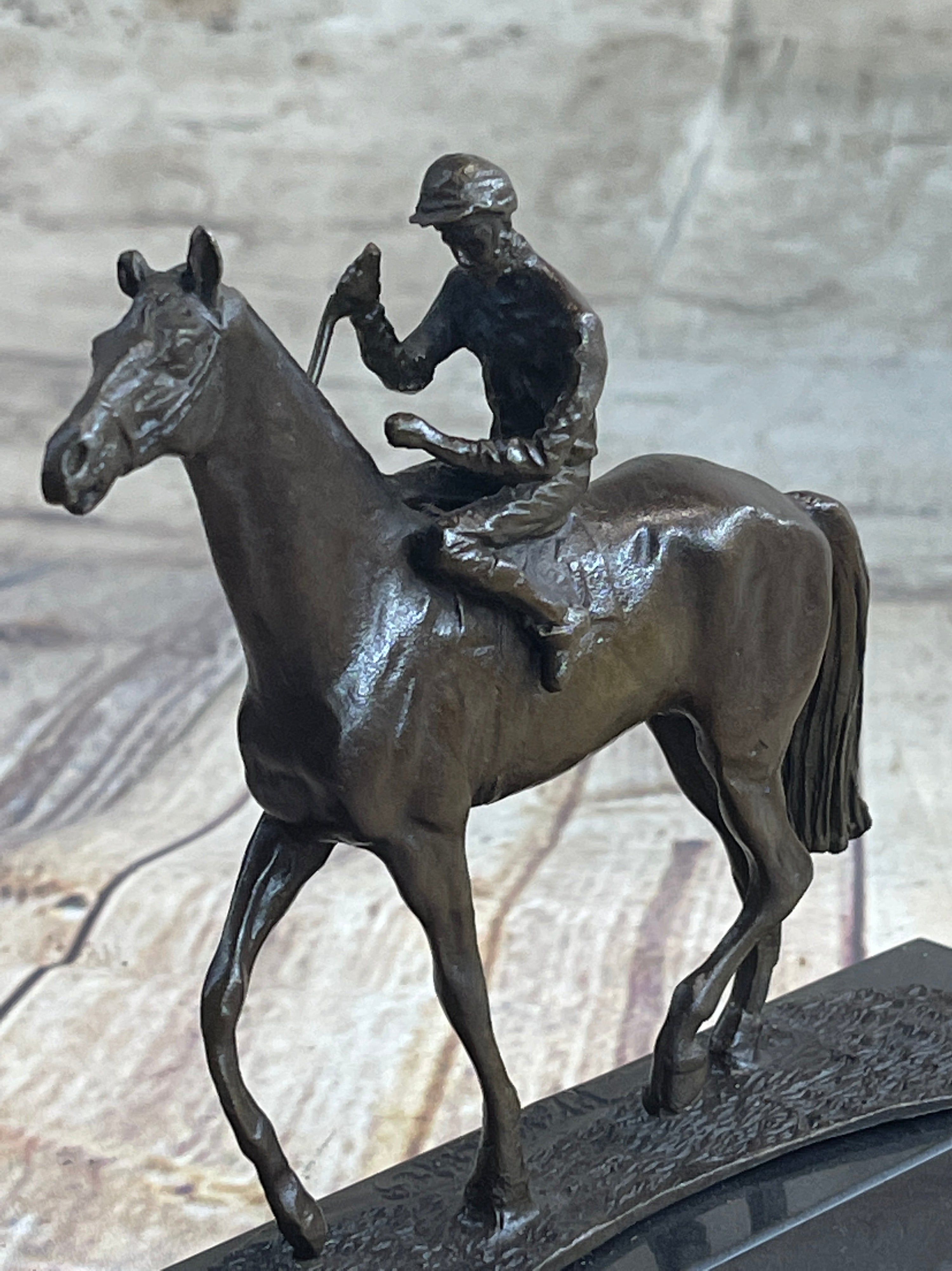 Miniature Jockey on Horse Equestrian Bronze Statue Sculpture Figurine Decor Marble Base 6" x 6"