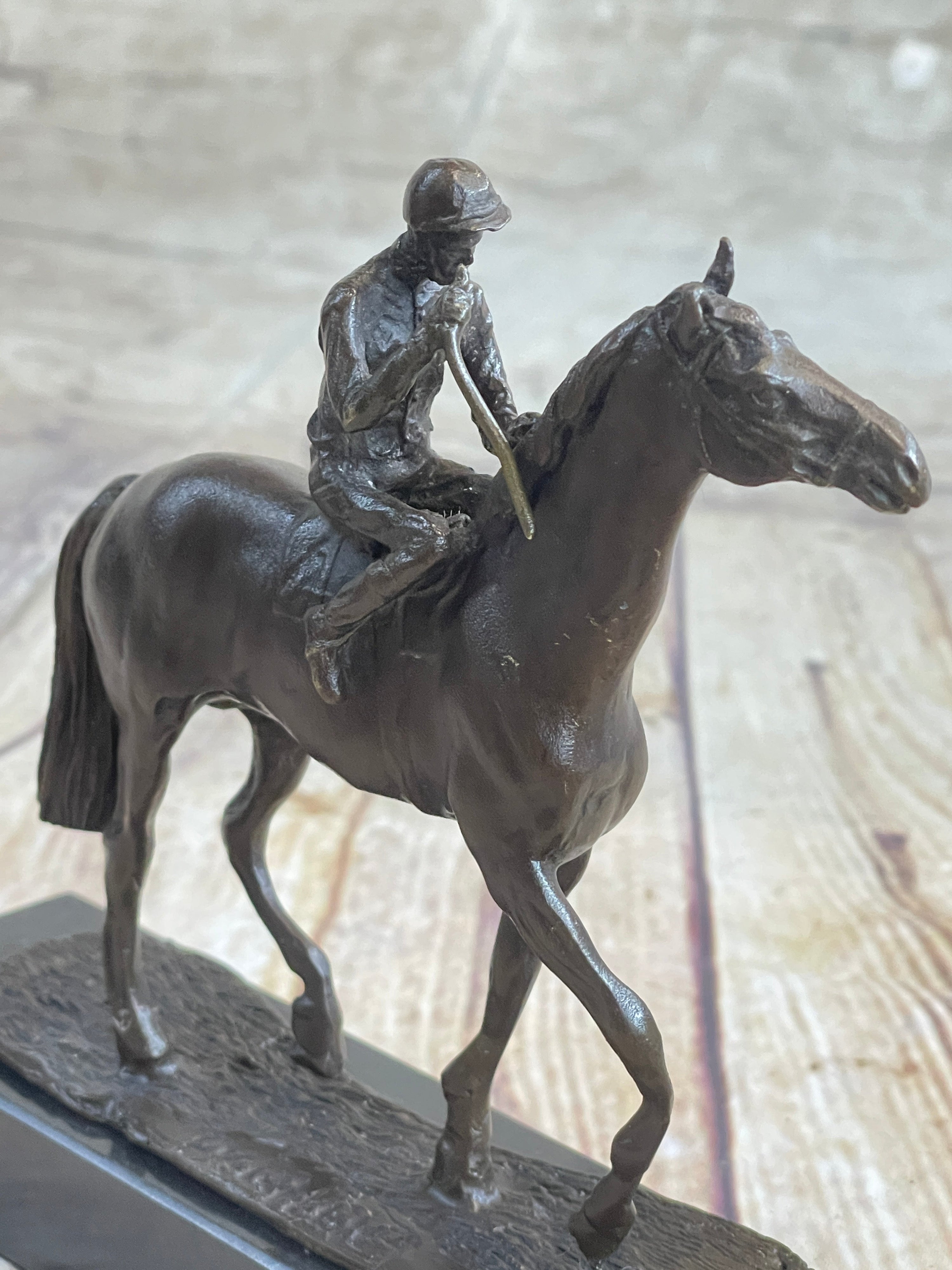 Miniature Jockey on Horse Equestrian Bronze Statue Sculpture Figurine Decor Marble Base 6" x 6"
