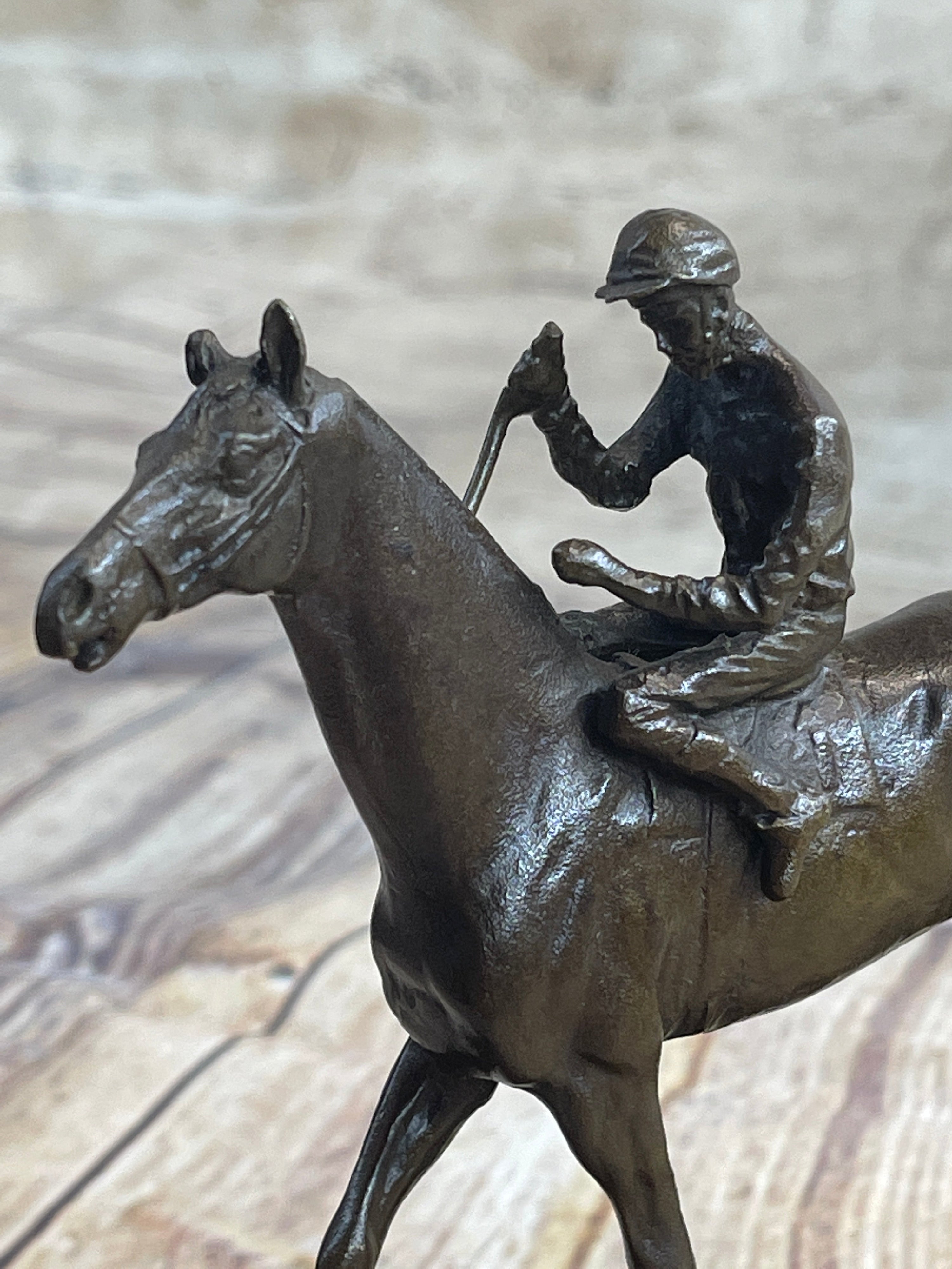 Miniature Jockey on Horse Equestrian Bronze Statue Sculpture Figurine Decor Marble Base 6" x 6"