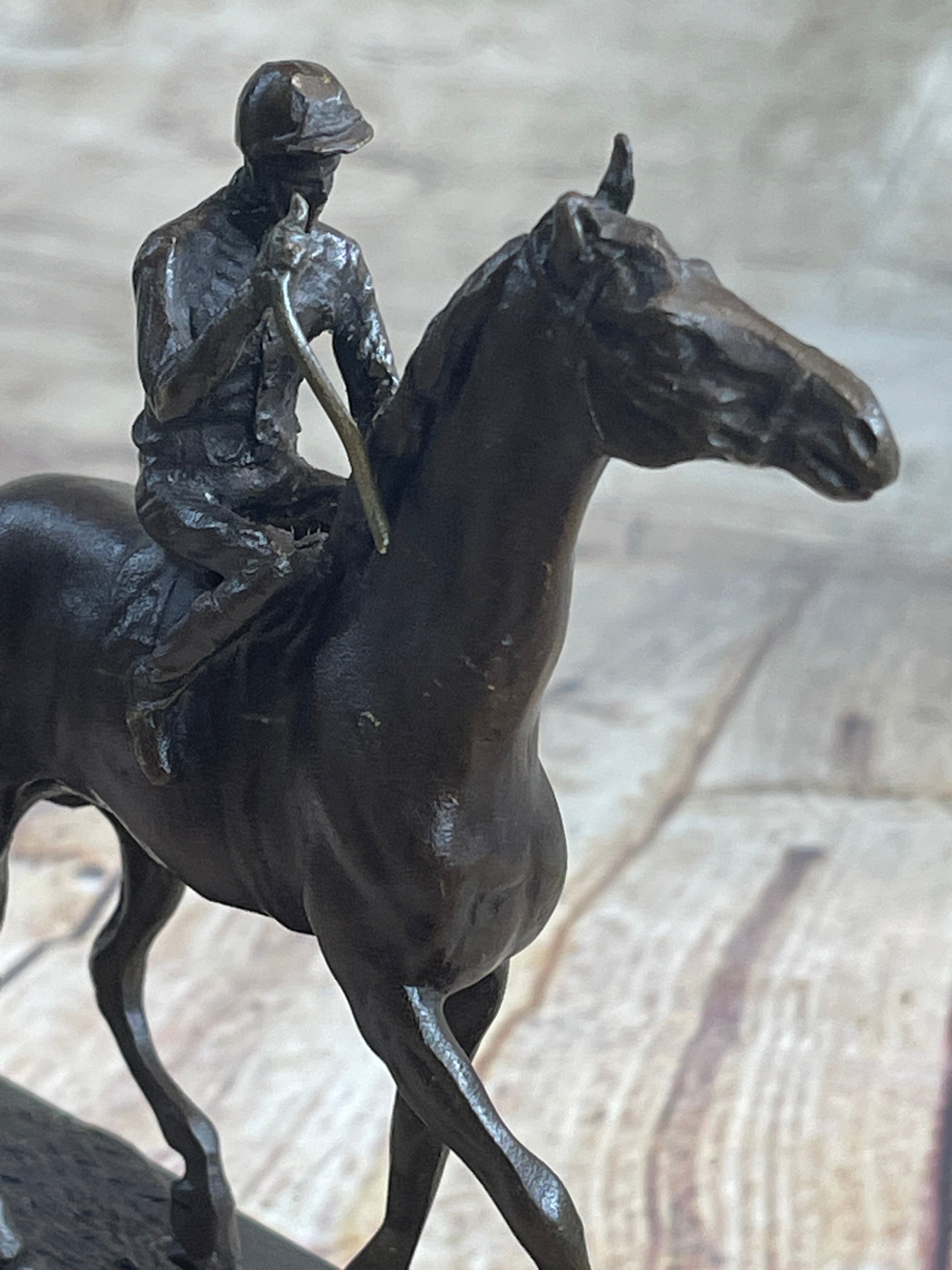 Miniature Jockey on Horse Equestrian Bronze Statue Sculpture Figurine Decor Marble Base 6" x 6"
