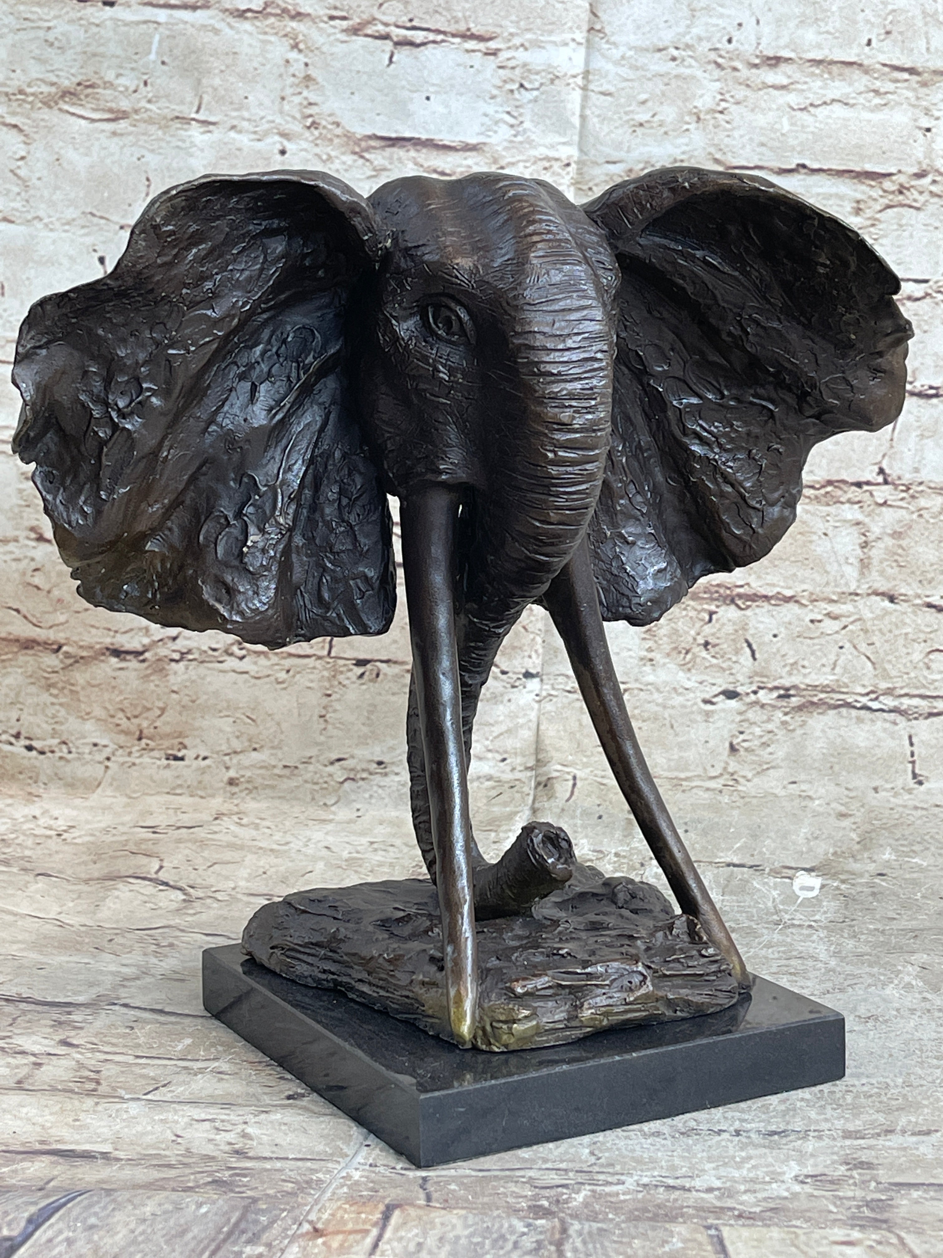 Elephant Head Bronze Metal Bust Statue Sculpture Figure Decor Signed Original Art Marble Base