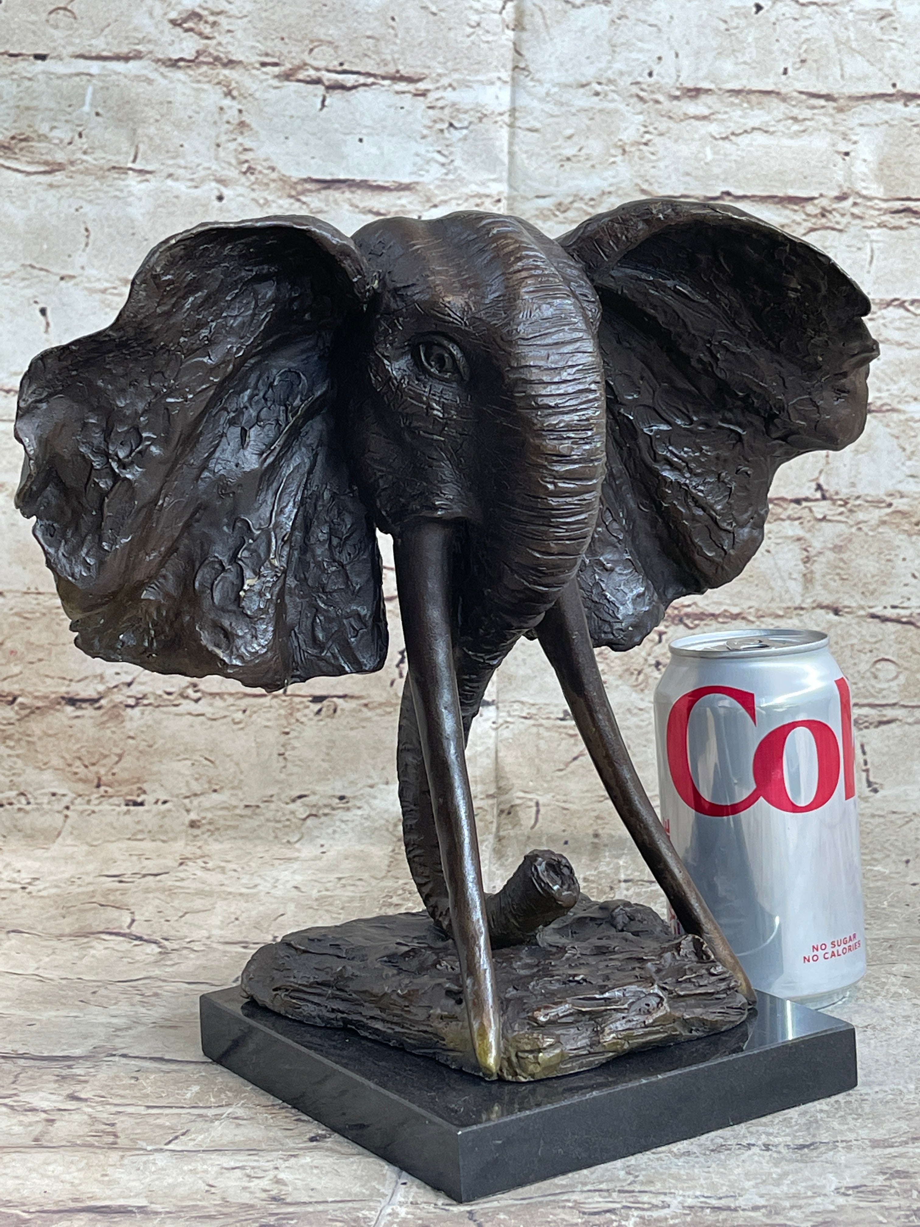 Elephant Head Bronze Metal Bust Statue Sculpture Figure Decor Signed Original Art Marble Base