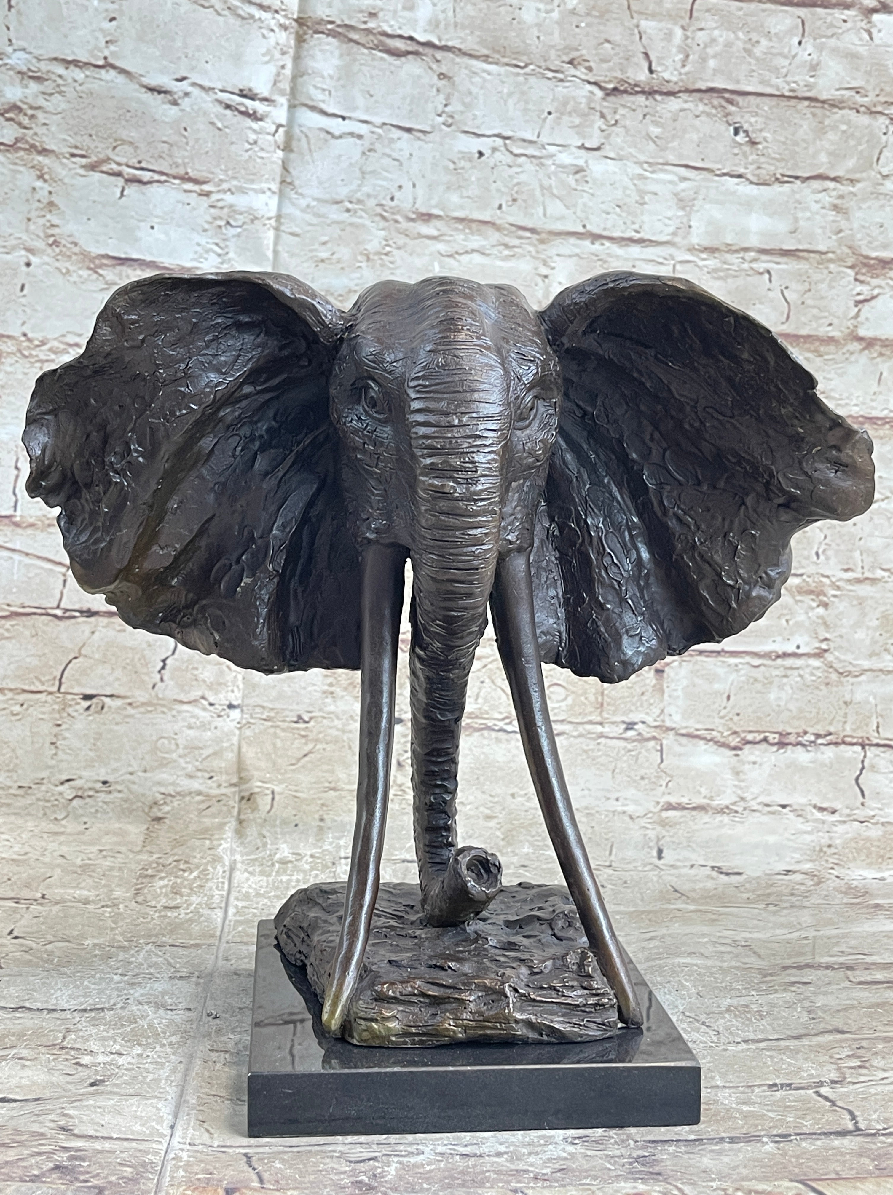 Elephant Head Bronze Metal Bust Statue Sculpture Figure Decor Signed Original Art Marble Base