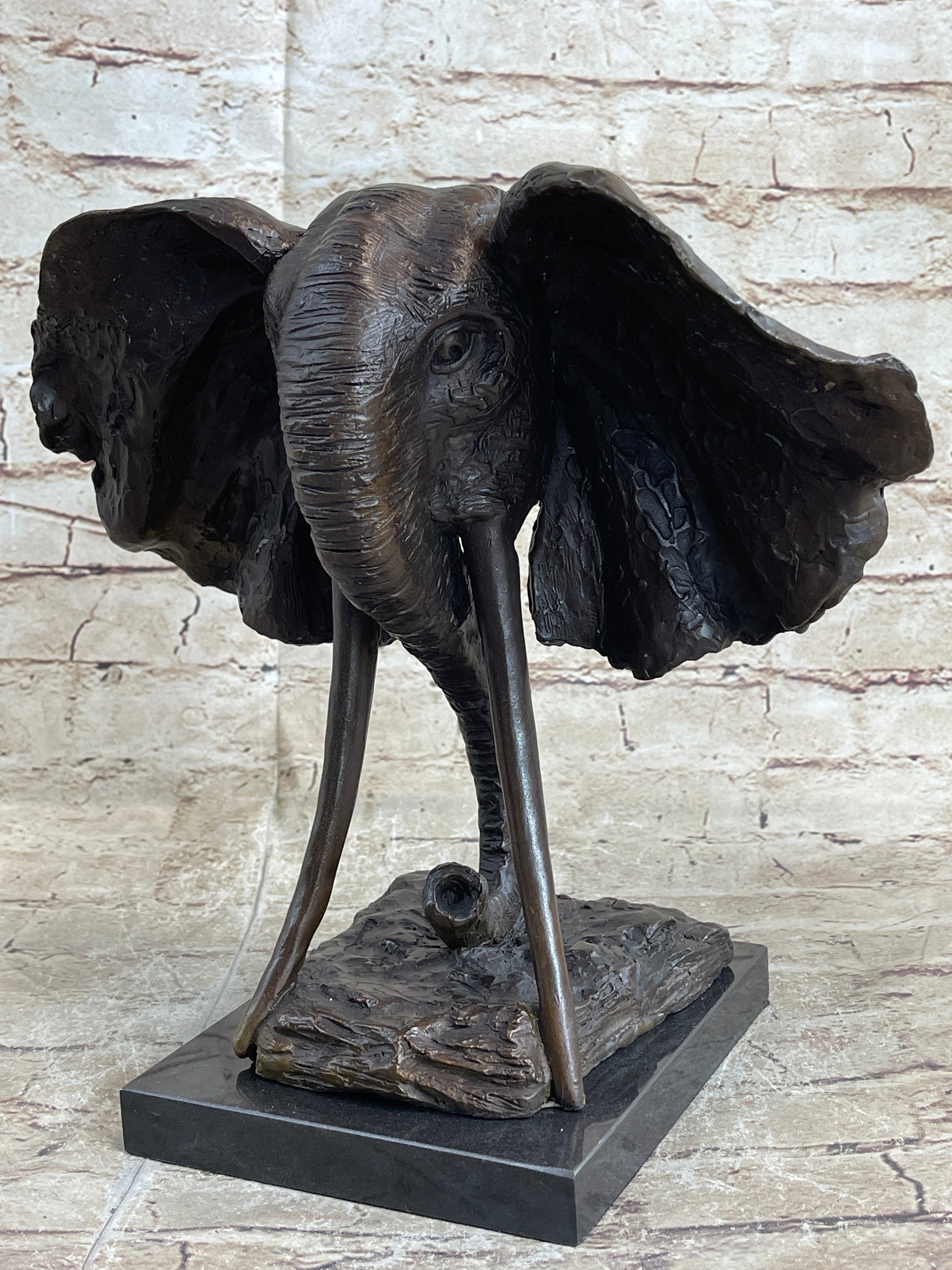 Elephant Head Bronze Metal Bust Statue Sculpture Figure Decor Signed Original Art Marble Base