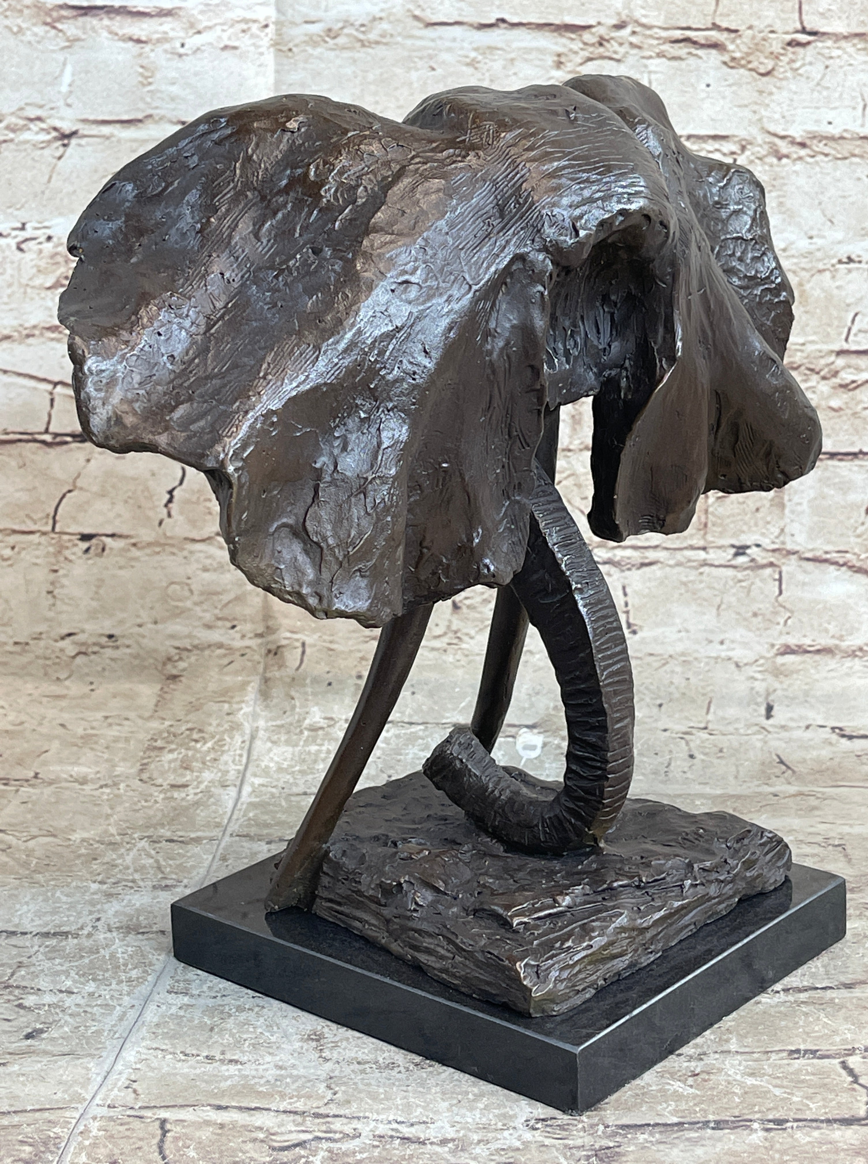 Elephant Head Bronze Metal Bust Statue Sculpture Figure Decor Signed Original Art Marble Base