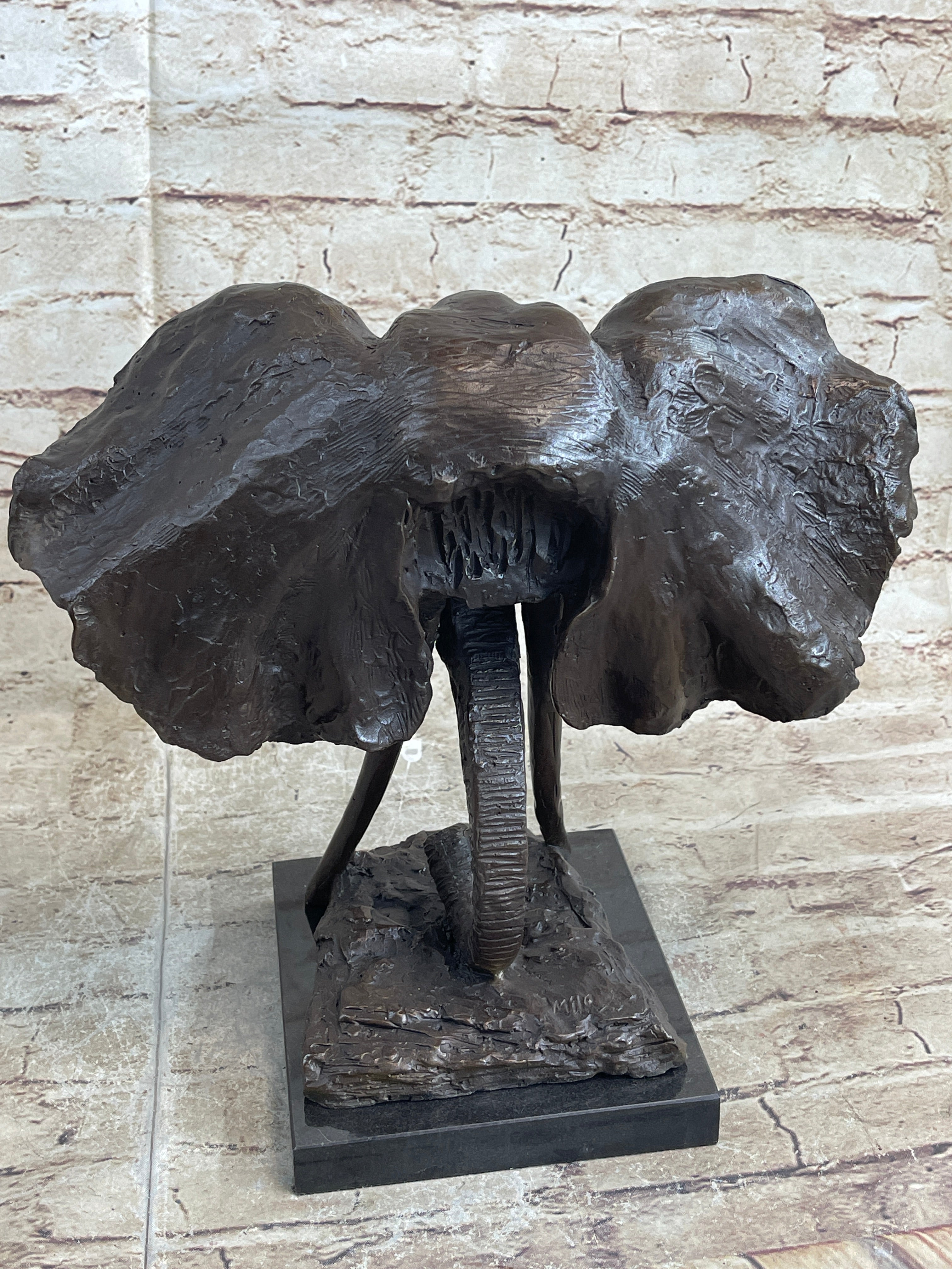 Elephant Head Bronze Metal Bust Statue Sculpture Figure Decor Signed Original Art Marble Base