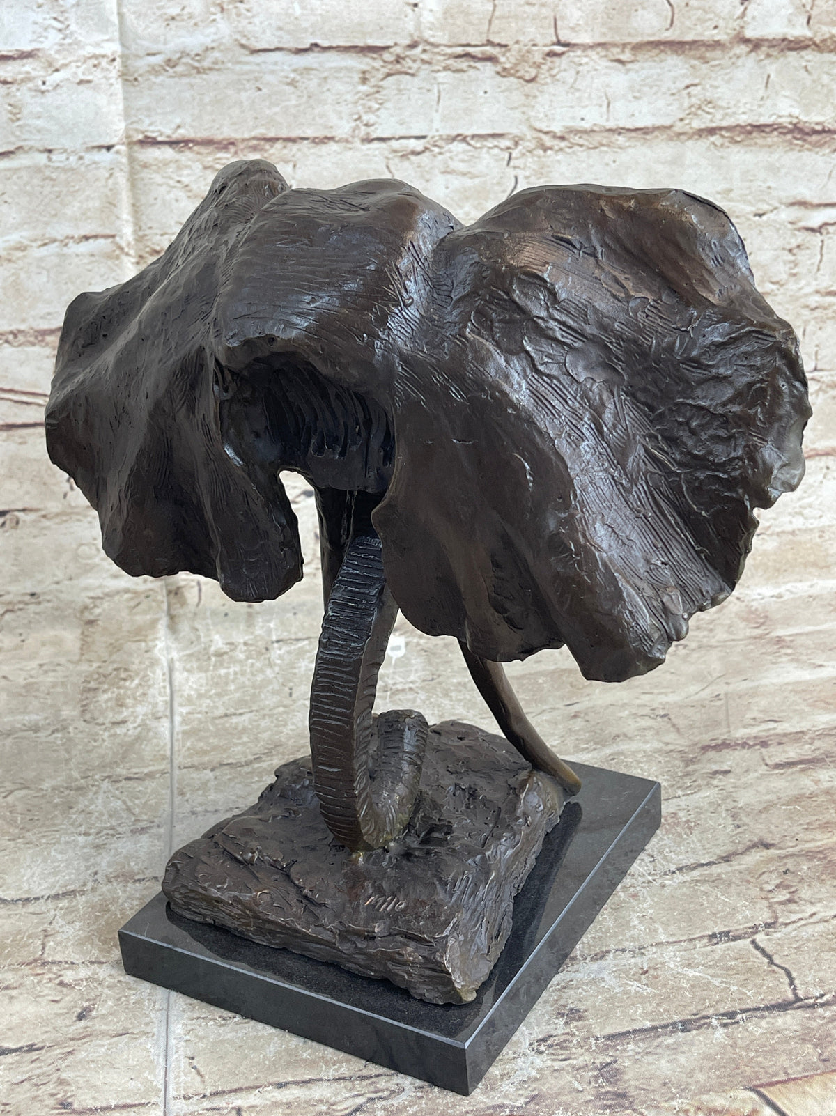 Elephant Head Bronze Metal Bust Statue Sculpture Figure Decor Signed Original Art Marble Base