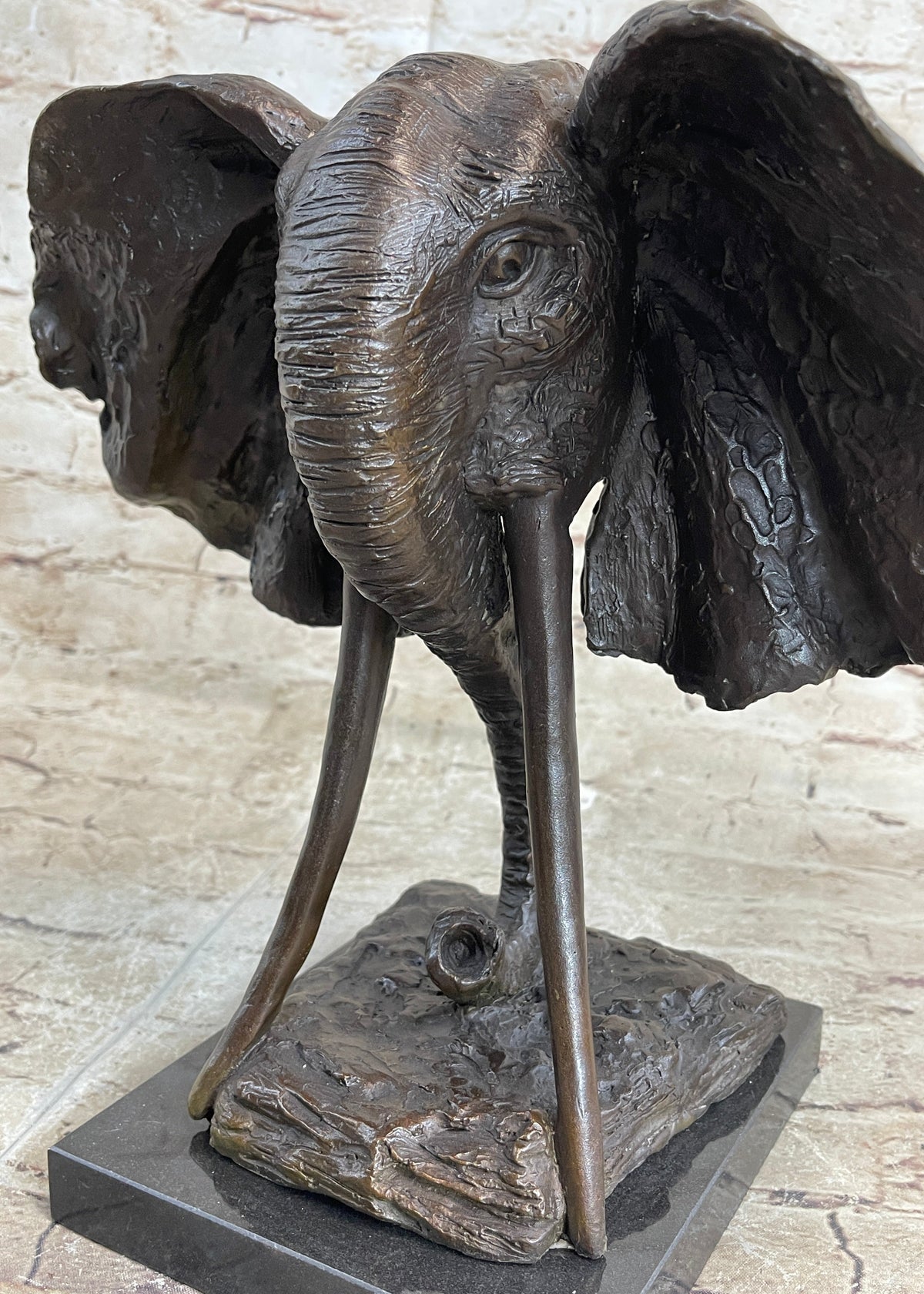 Elephant Head Bronze Metal Bust Statue Sculpture Figure Decor Signed Original Art Marble Base
