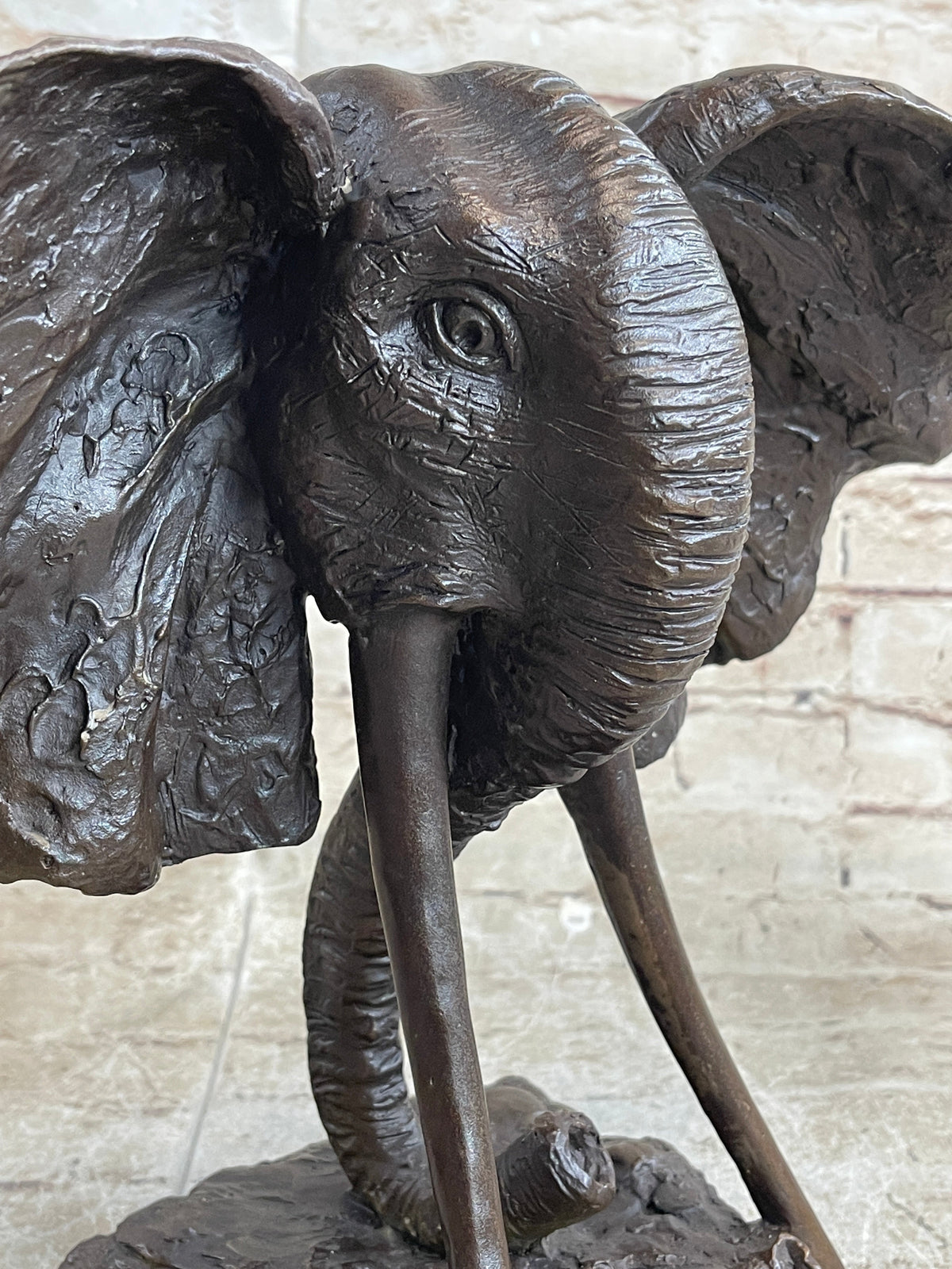 Elephant Head Bronze Metal Bust Statue Sculpture Figure Decor Signed Original Art Marble Base