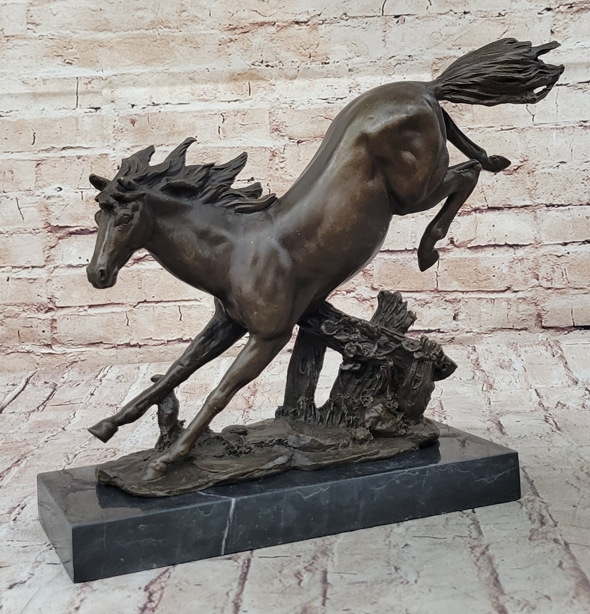 Jumping Racing Wild Horse Stallion Bronze Sculpture Statue Signed Original Art