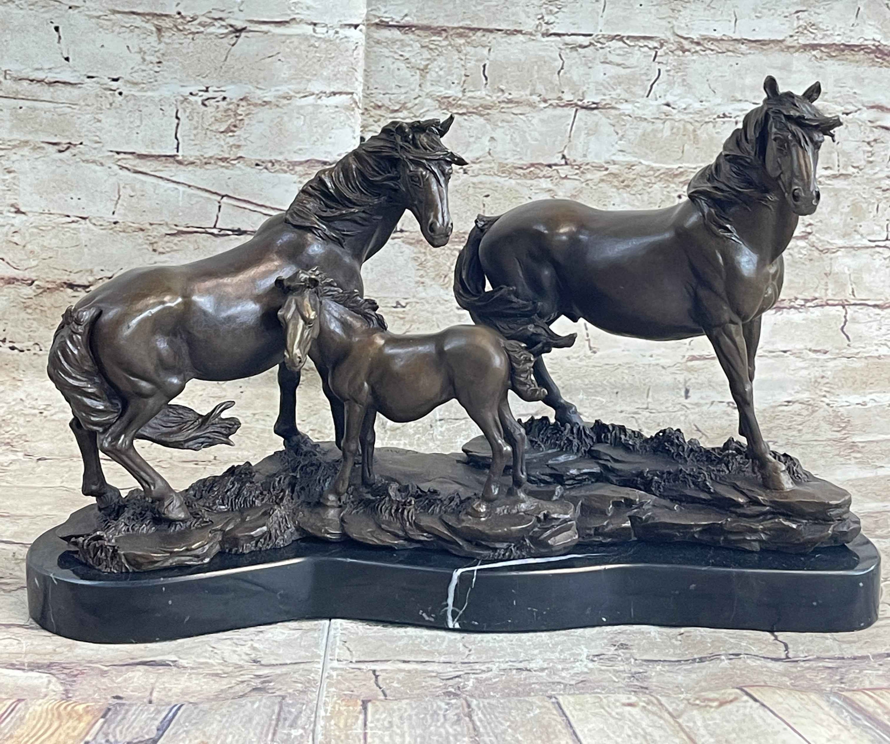 Signed Mene Horse Family Bronze Sculpture Art Deco Marble Base Figurine Figure