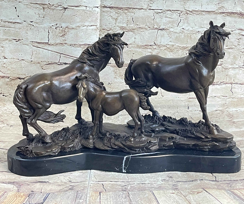 Signed Mene Horse Family Bronze Sculpture Art Deco Marble Base Figurine Figure