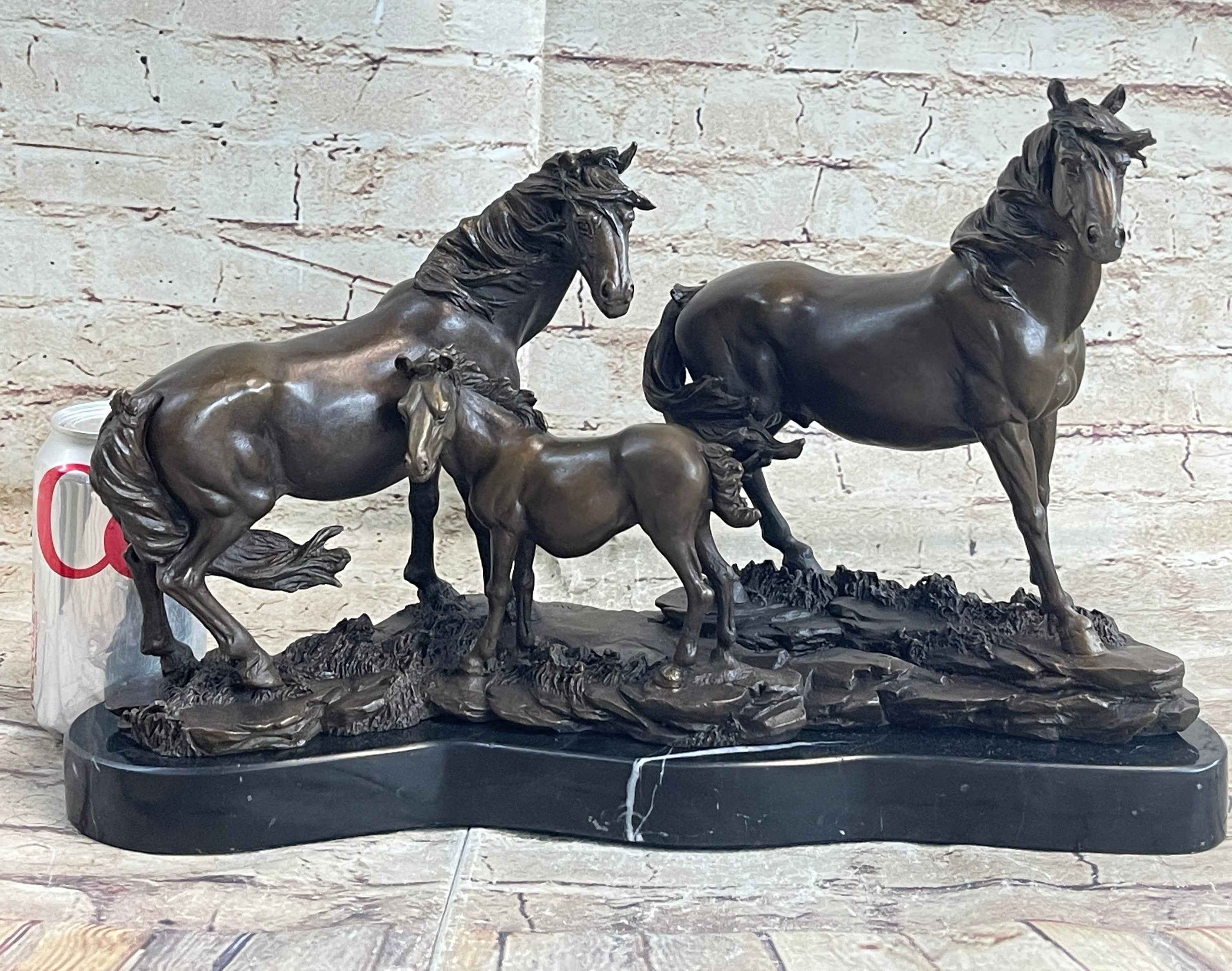 Signed Mene Horse Family Bronze Sculpture Art Deco Marble Base Figurine Figure