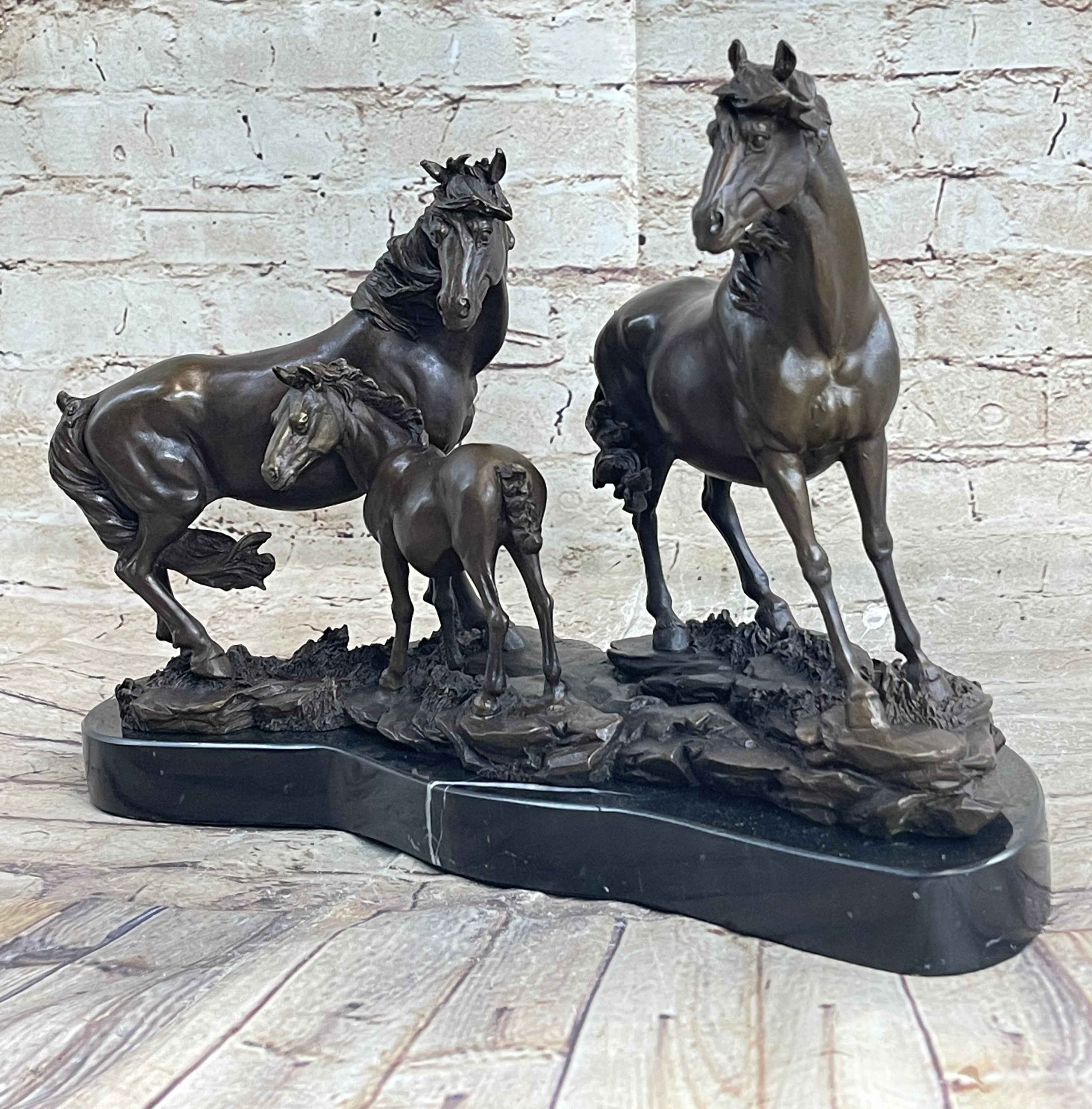 Signed Mene Horse Family Bronze Sculpture Art Deco Marble Base Figurine Figure
