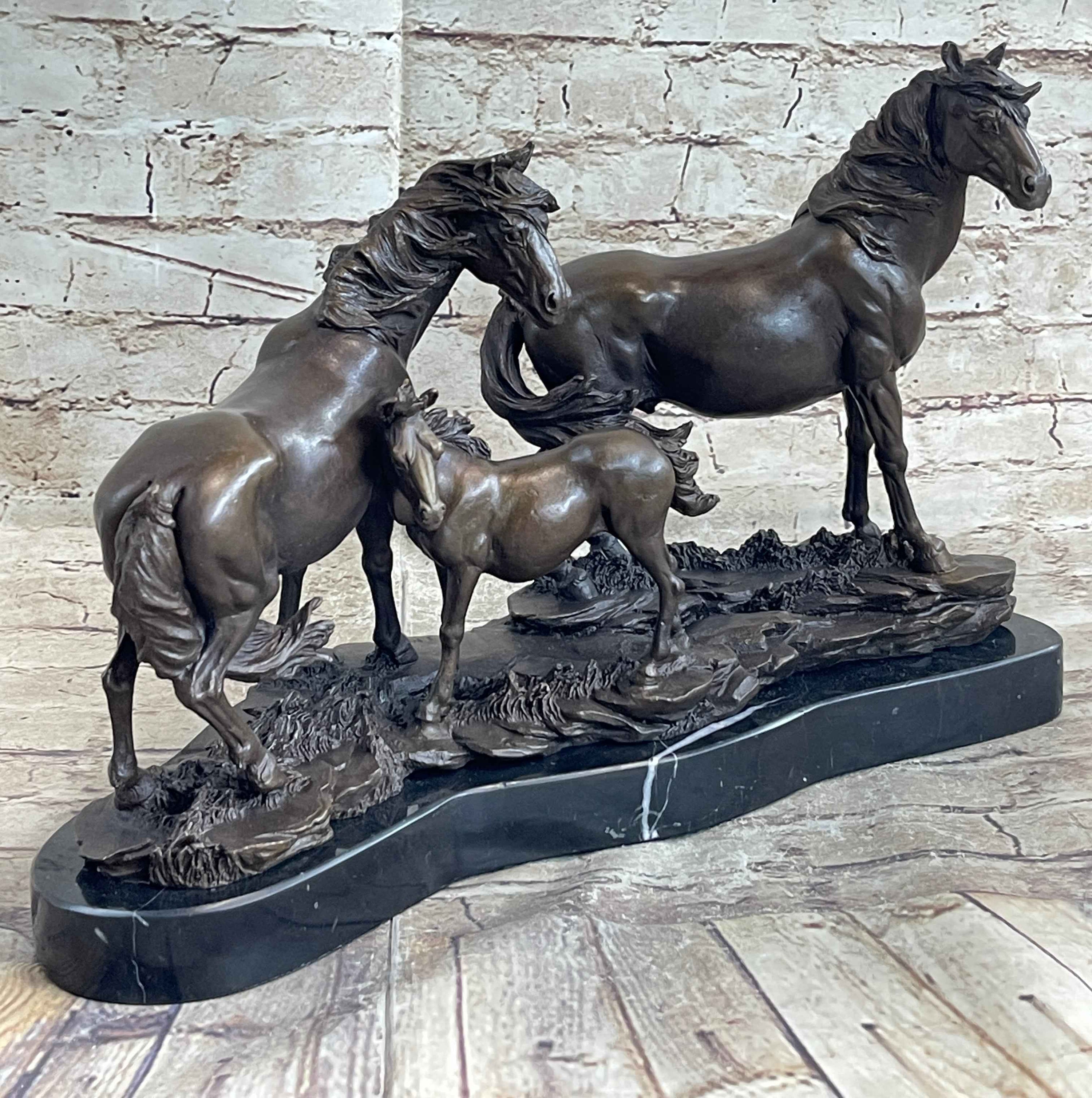 Signed Mene Horse Family Bronze Sculpture Art Deco Marble Base Figurine Figure