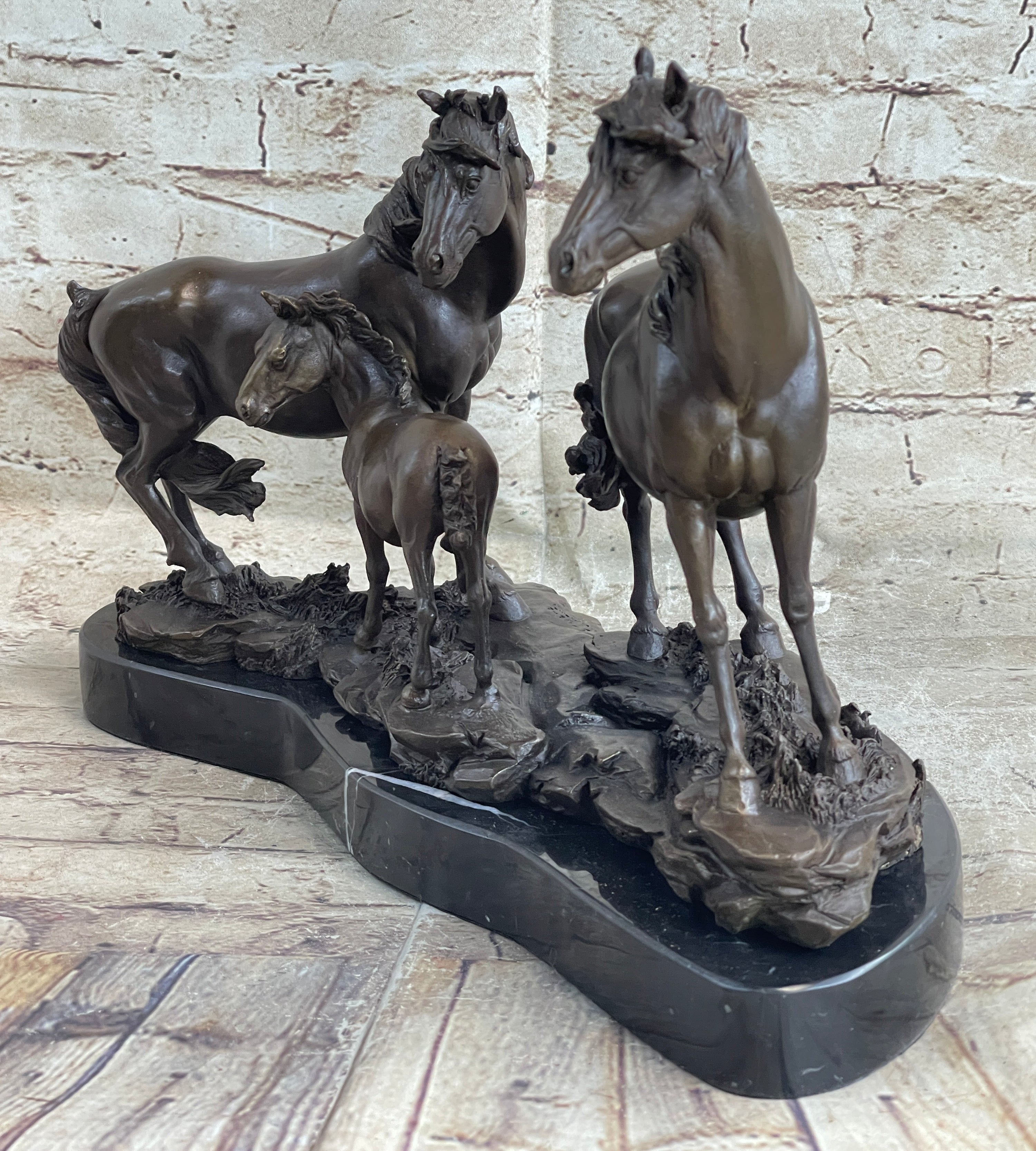 Signed Mene Horse Family Bronze Sculpture Art Deco Marble Base Figurine Figure