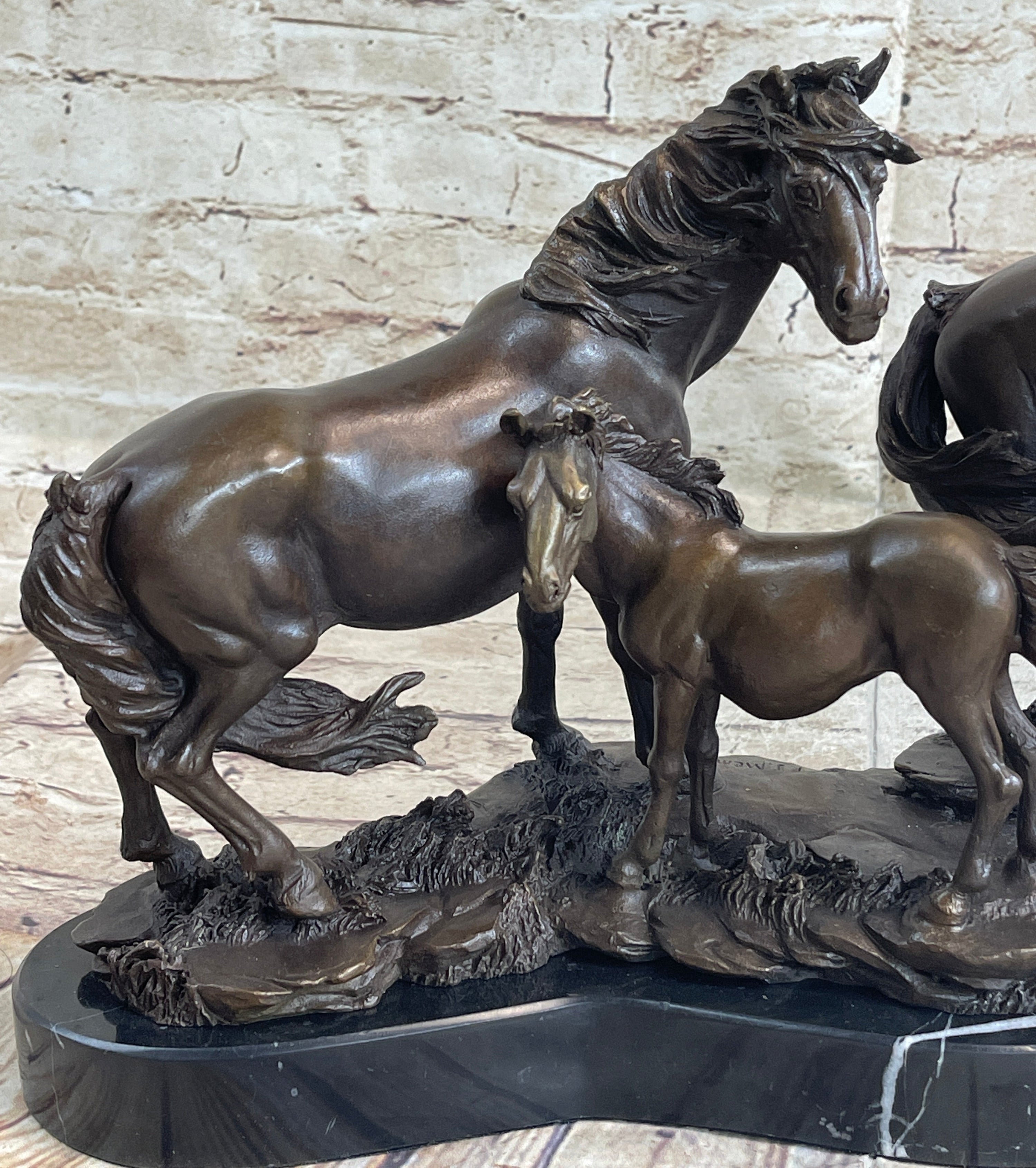 Signed Mene Horse Family Bronze Sculpture Art Deco Marble Base Figurine Figure