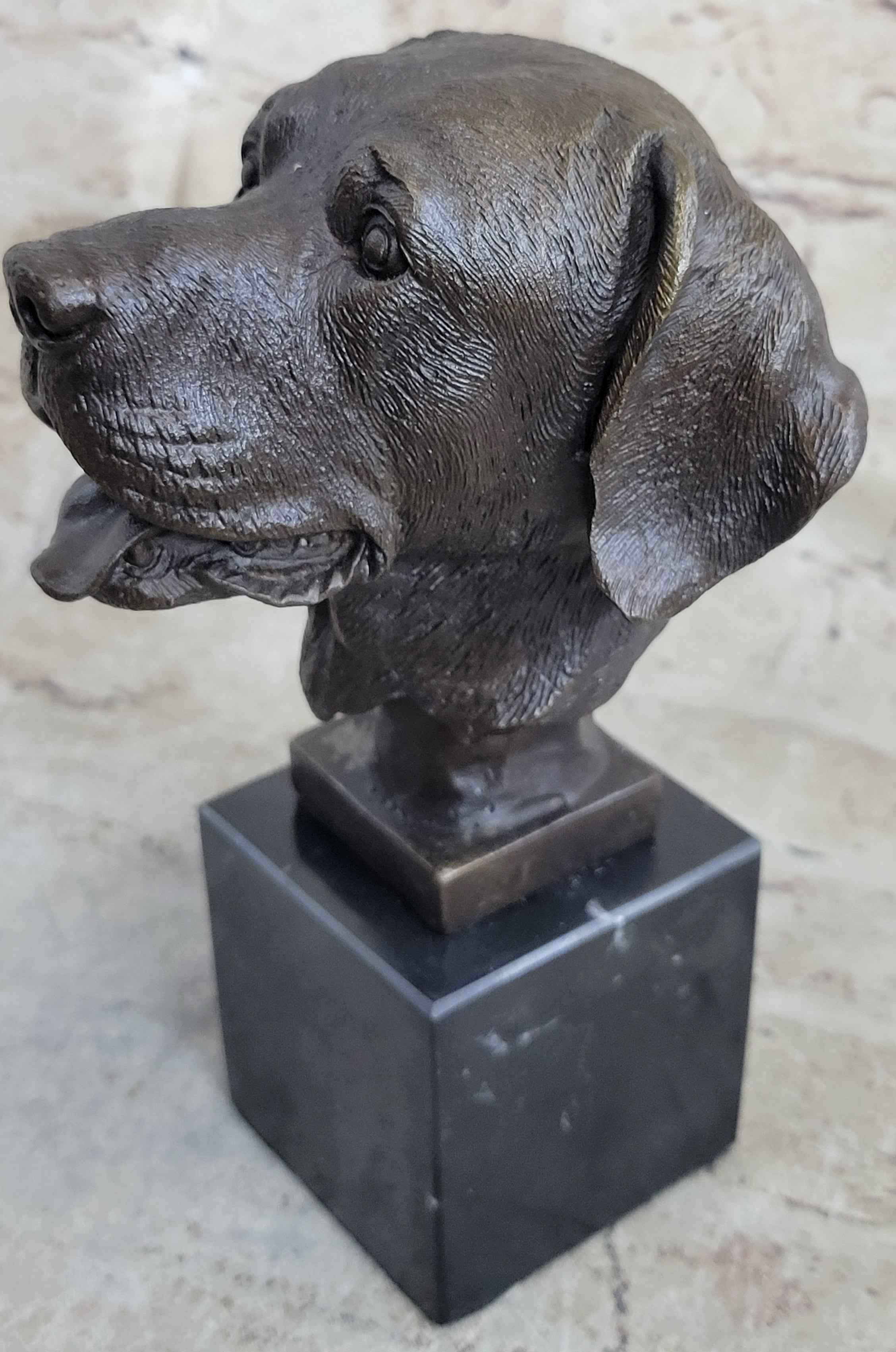 Signed Original Happy Labrador Puppy Dog Bust Marble Base Sculpture Statue Decor