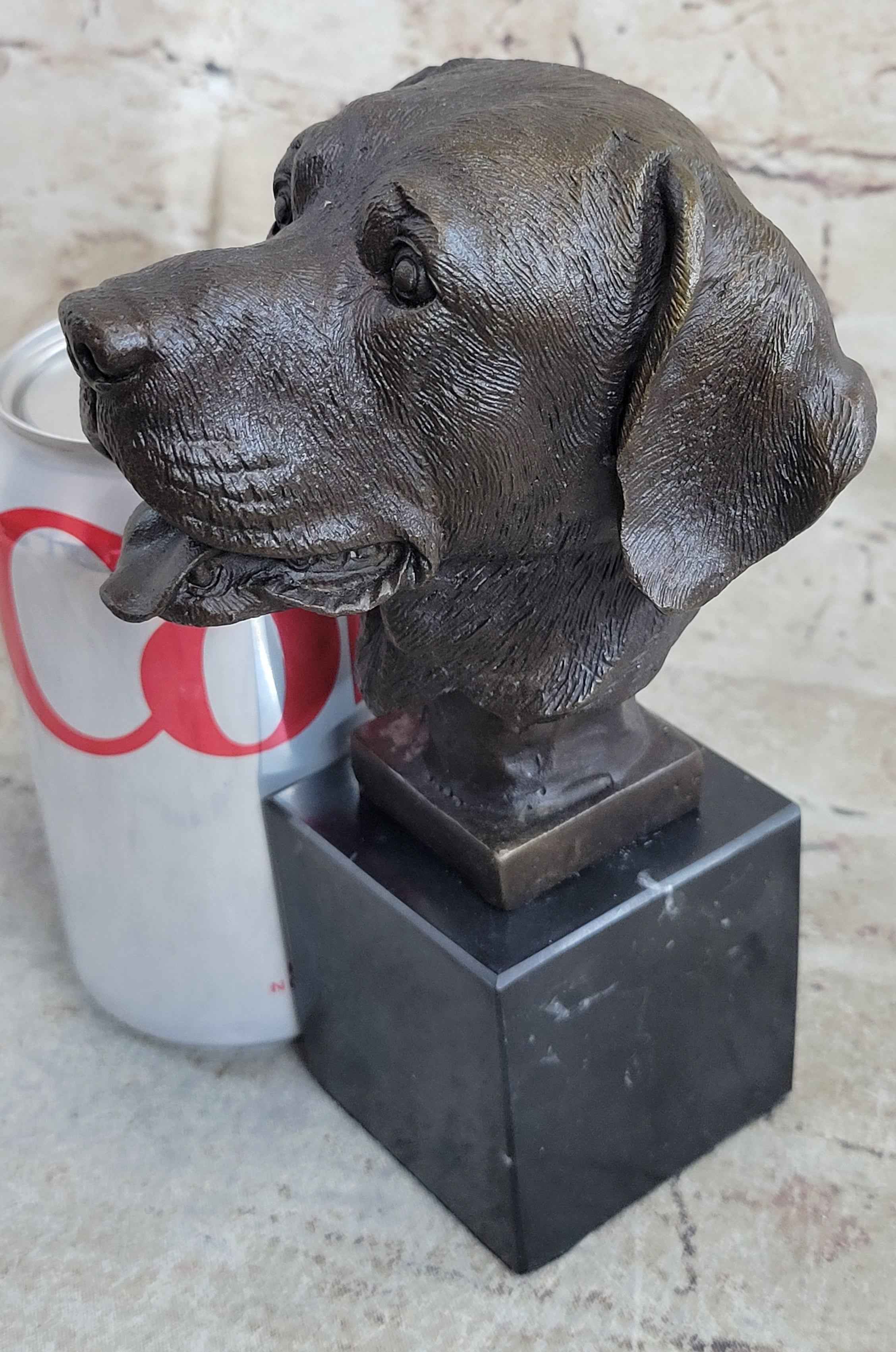 Signed Original Happy Labrador Puppy Dog Bust Marble Base Sculpture Statue Decor