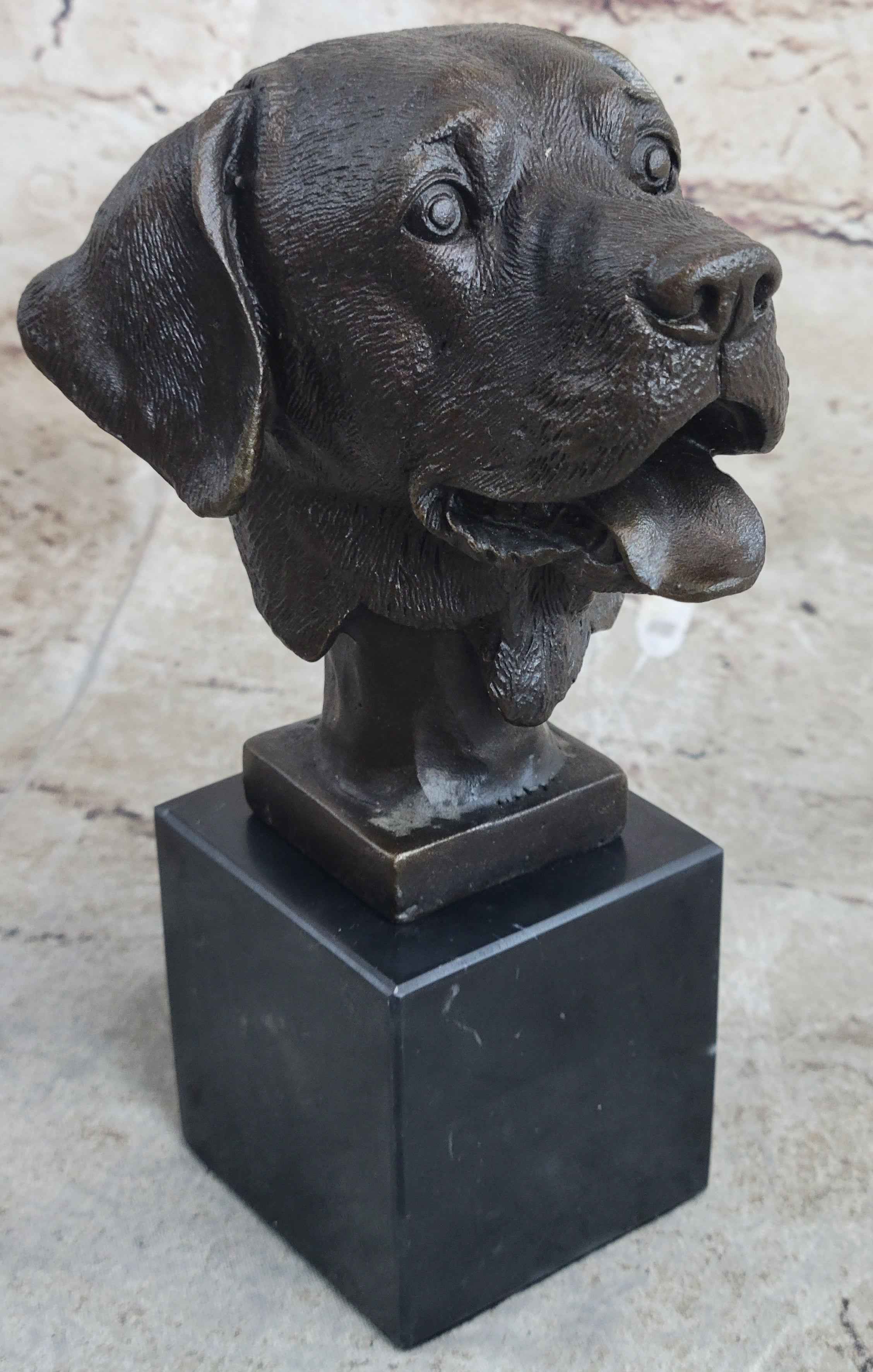 Signed Original Happy Labrador Puppy Dog Bust Marble Base Sculpture Statue Decor