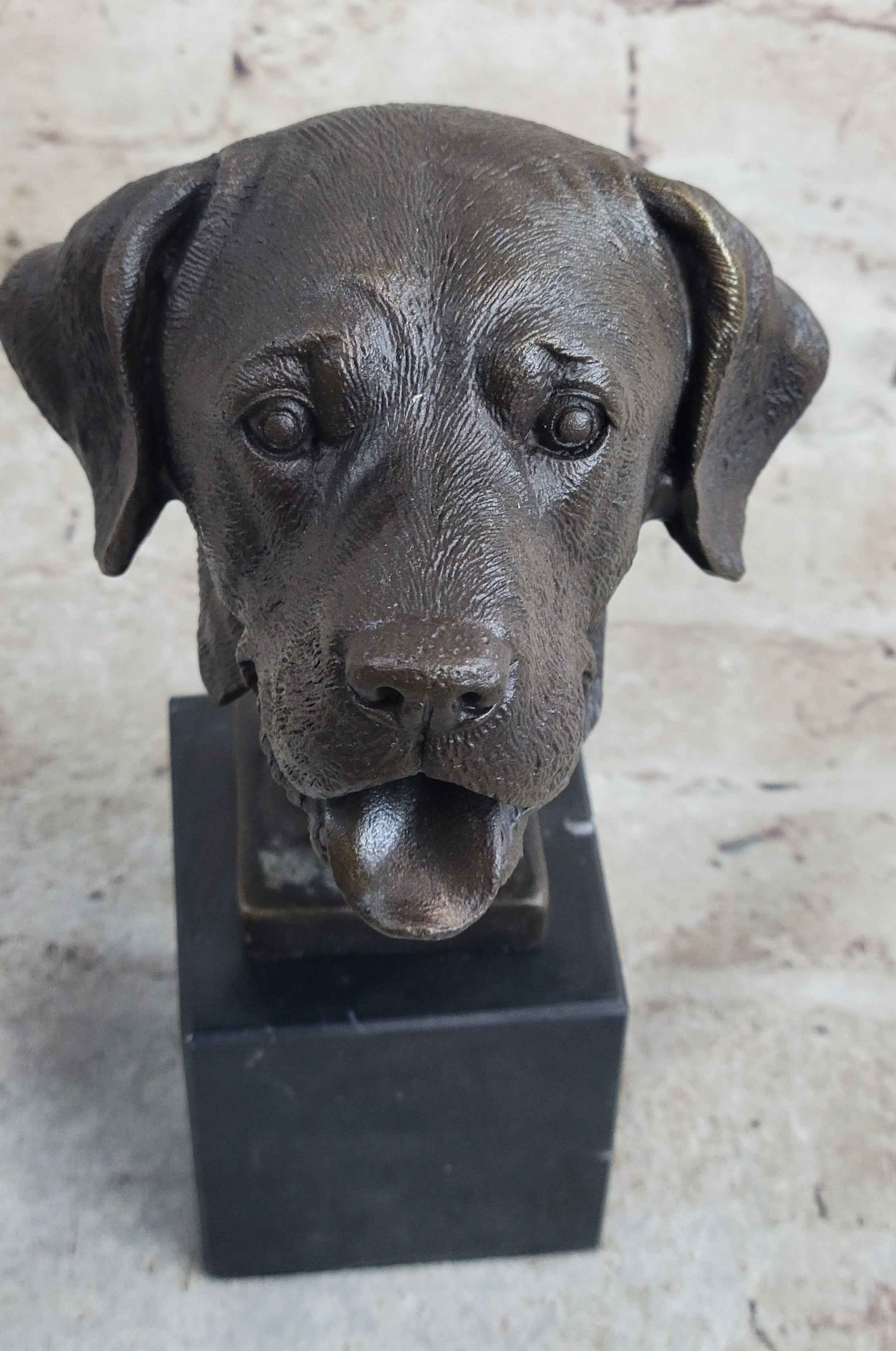 Signed Original Happy Labrador Puppy Dog Bust Marble Base Sculpture Statue Decor