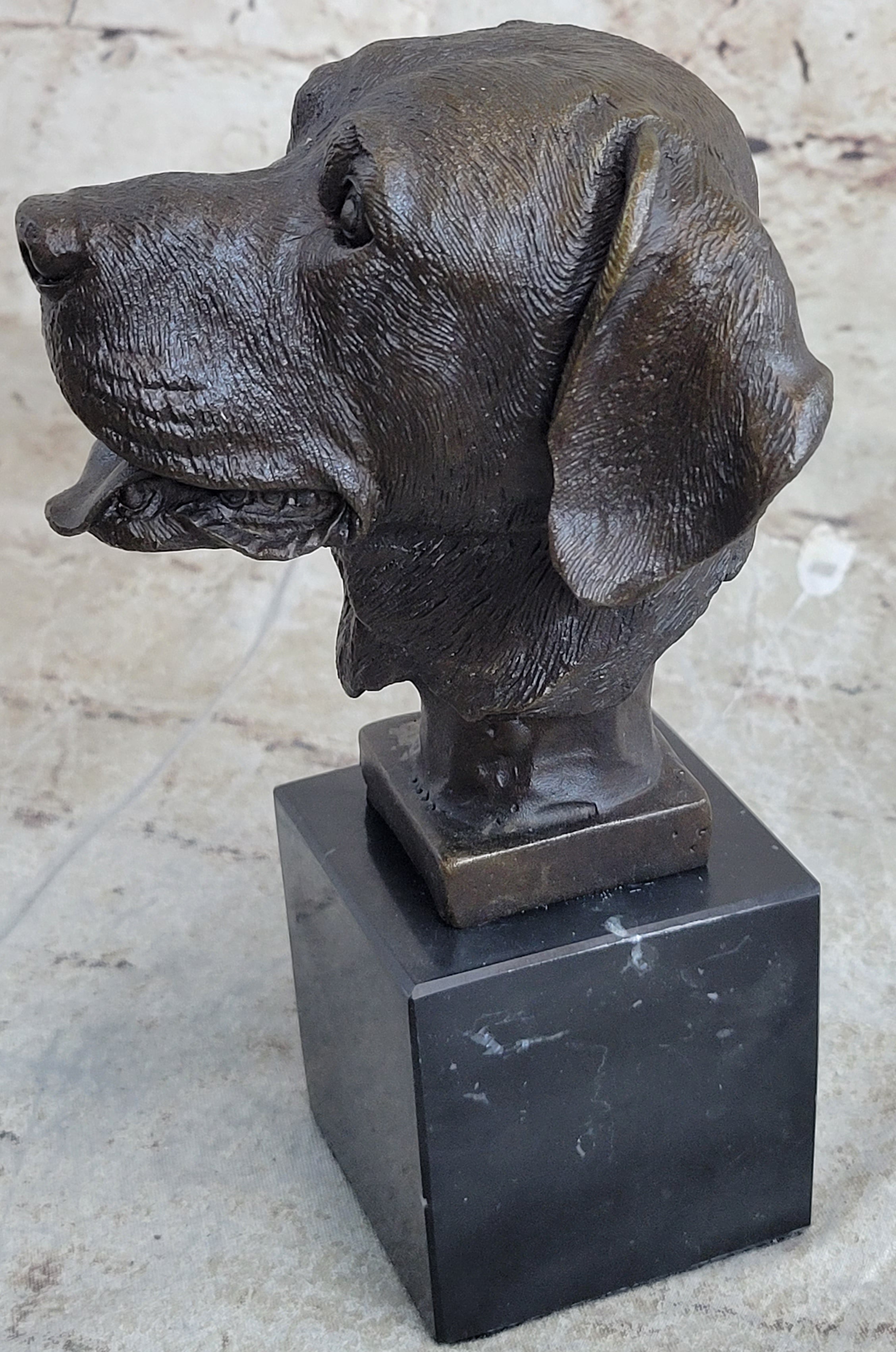 Signed Original Happy Labrador Puppy Dog Bust Marble Base Sculpture Statue Decor