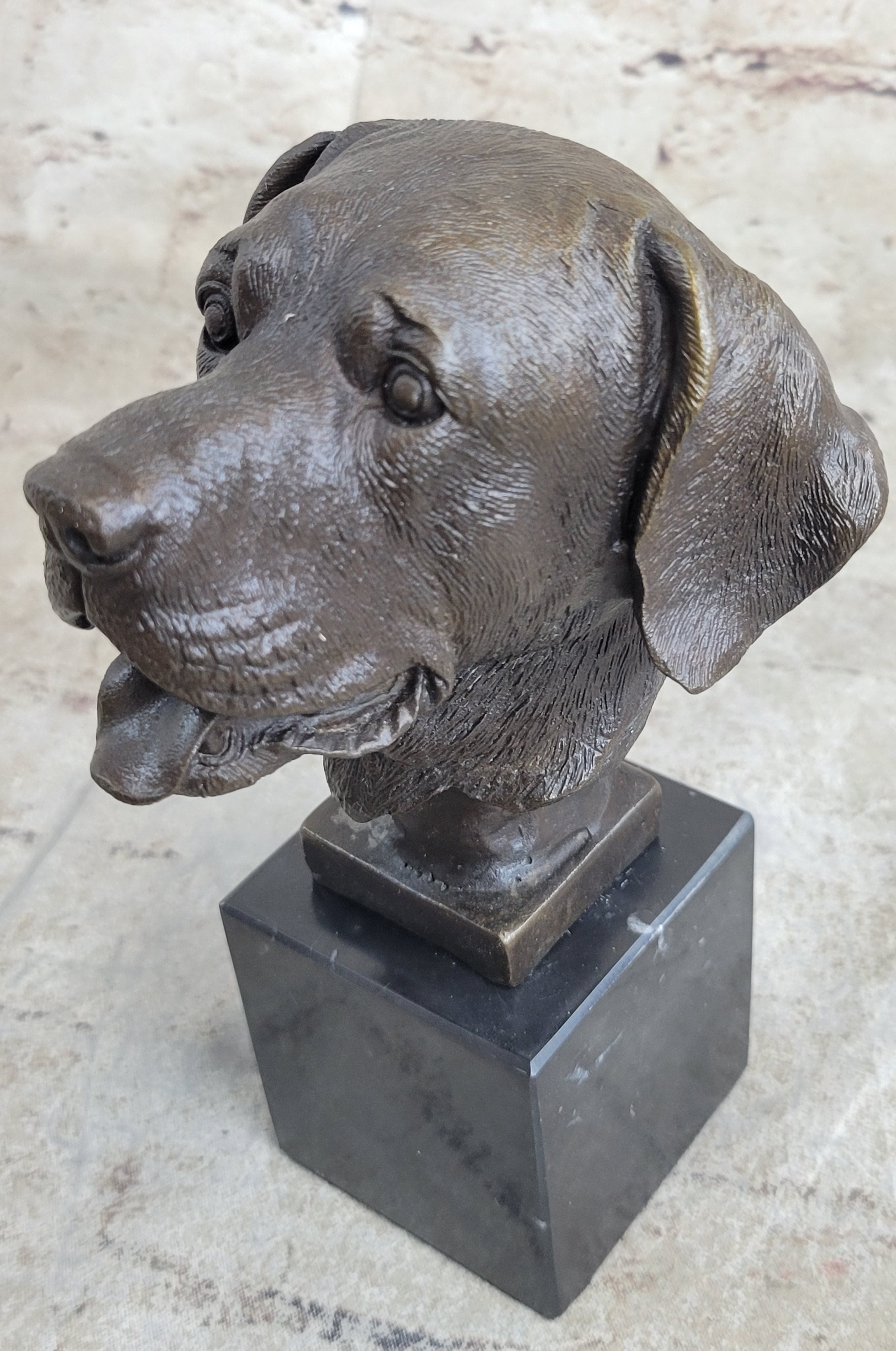Signed Original Happy Labrador Puppy Dog Bust Marble Base Sculpture Statue Decor
