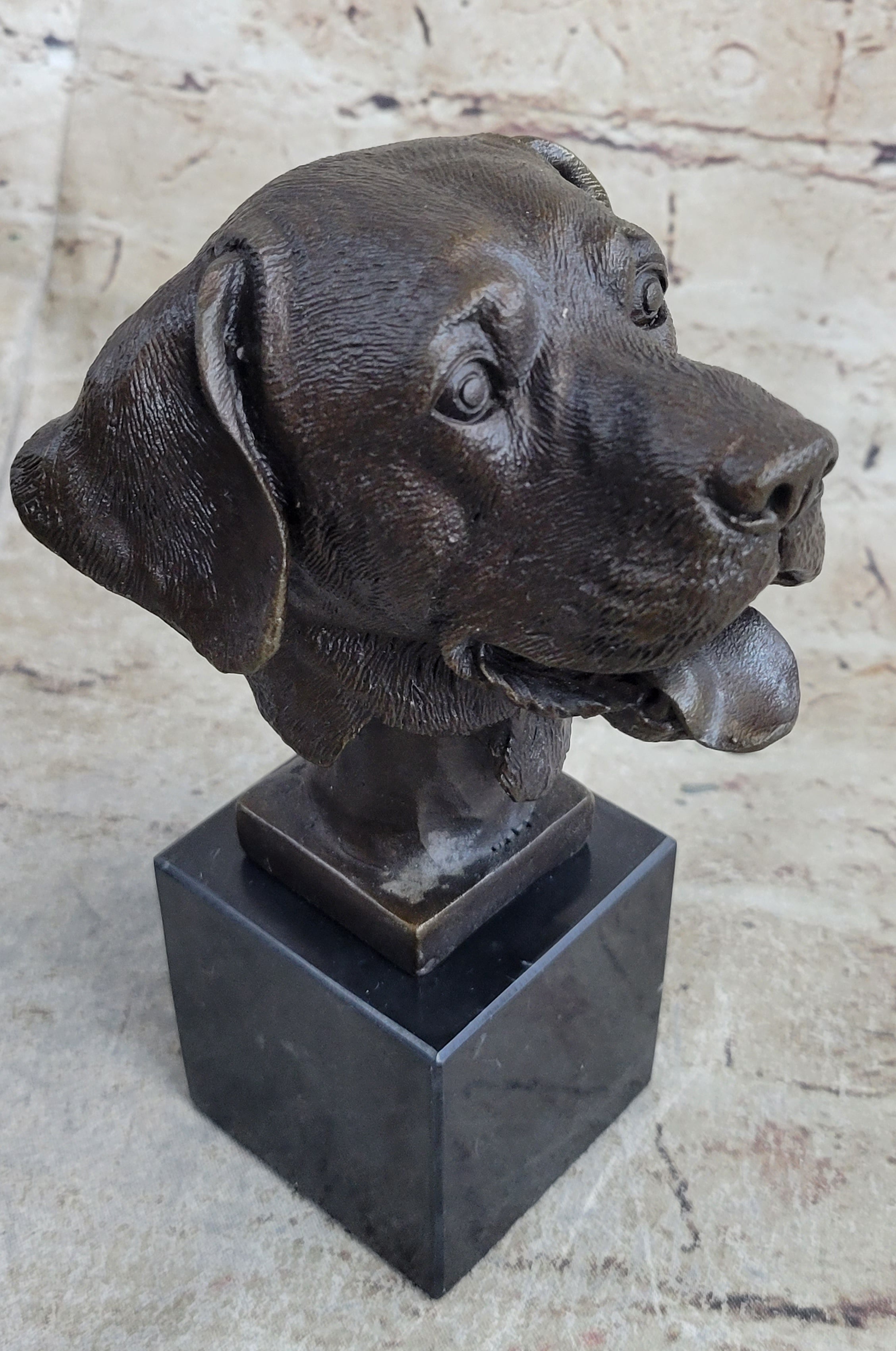 Signed Original Happy Labrador Puppy Dog Bust Marble Base Sculpture Statue Decor